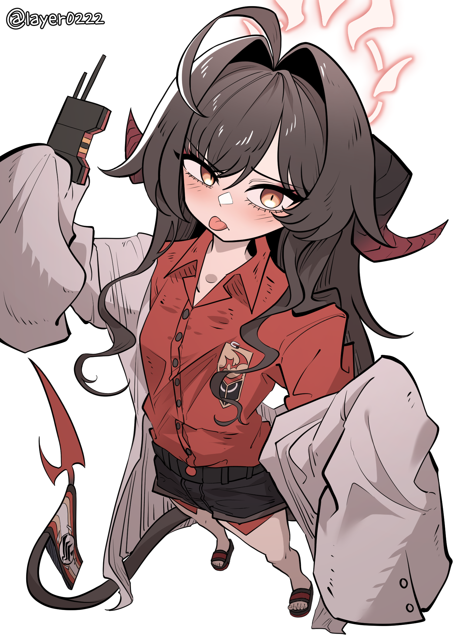 layer (layer illust), kasumi (blue archive), blue archive, commentary request, highres, 1girl, ahoge, armband, artist name, black sandals, black shorts, blush, brown coat, brown eyes, brown hair, coat, coat partially removed, collarbone, collared shirt, dated, demon horns, demon tail, from above, hair between eyes, hair intakes, hair over shoulder, half-closed eye, halo, holding, holding walkie-talkie, horns, long hair, red armband, red shirt, sandals, shirt, shorts, sidelocks, sleeves past fingers, sleeves past wrists, solo, standing, tail, tongue, tongue out, walkie-talkie, white background