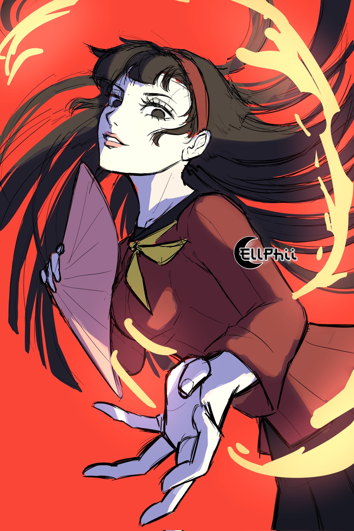 amagi yukiko, persona, persona 4, commentary, highres, unfinished, 1girl, artist logo, artist name, aura, black eyes, black hair, black skirt, blunt ends, breasts, cowboy shot, ellphii, eyelashes, floating hair, hairband, hand fan, holding, holding fan, logo, long hair, long sleeves, looking at viewer, medium breasts, neckerchief, open hand, outstretched arm, parted lips, pleated skirt, red background, red hairband, red sweater, sketch, skirt, smile, solo, sweater, very long hair, yellow neckerchief