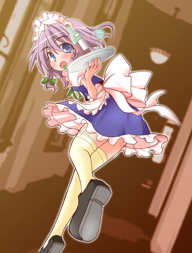 geo (yukishitadou), izayoi sakuya, touhou, silver hair, 1girl, blue eyes, bottle, braid, female focus, garter belt, garter straps, hair ribbon, hairband, indoors, looking back, maid, maid headdress, open mouth, ribbon, running, shoes, short hair, solo, thighhighs, tray, twin braids, zettai ryouiki