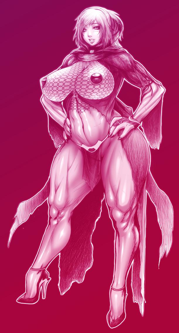 chinbotsu, 1girl, bikini, breasts, curvy, female focus, high heels, huge breasts, loincloth, monochrome, muscular, navel, pasties, scar, shoes, solo, swimsuit, thick thighs, thighs, witch