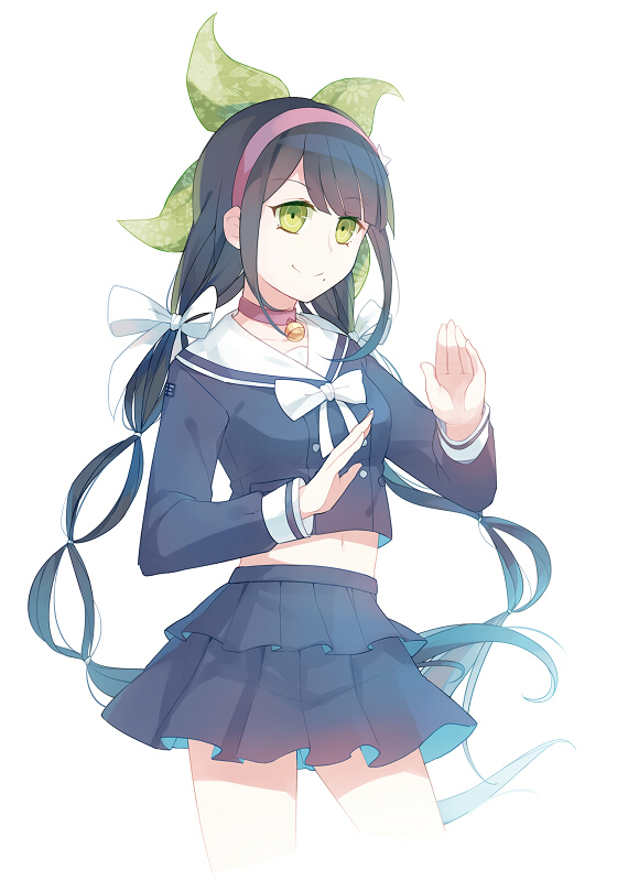 hiragi rin, chabashira tenko, danganronpa (series), danganronpa v3: killing harmony, commentary request, 1girl, bell, black hair, blue serafuku, blue shirt, blue skirt, bow, bowtie, buttons, choker, closed mouth, collarbone, cropped legs, cropped shirt, eyelashes, fighting stance, floral print, frilled skirt, frills, green bow, green eyes, hair bow, hair ornament, hair tie, hairband, happy, long hair, long sleeves, looking ahead, low twintails, midriff, miniskirt, mole, mole under mouth, multi-tied hair, multiple hair bows, navel, neck bell, pink choker, pink hairband, pocket, print bow, sailor collar, school uniform, serafuku, shirt, simple background, skirt, skirt set, smile, solo, standing, twintails, very long hair, white background, white bow, white bowtie, white sailor collar