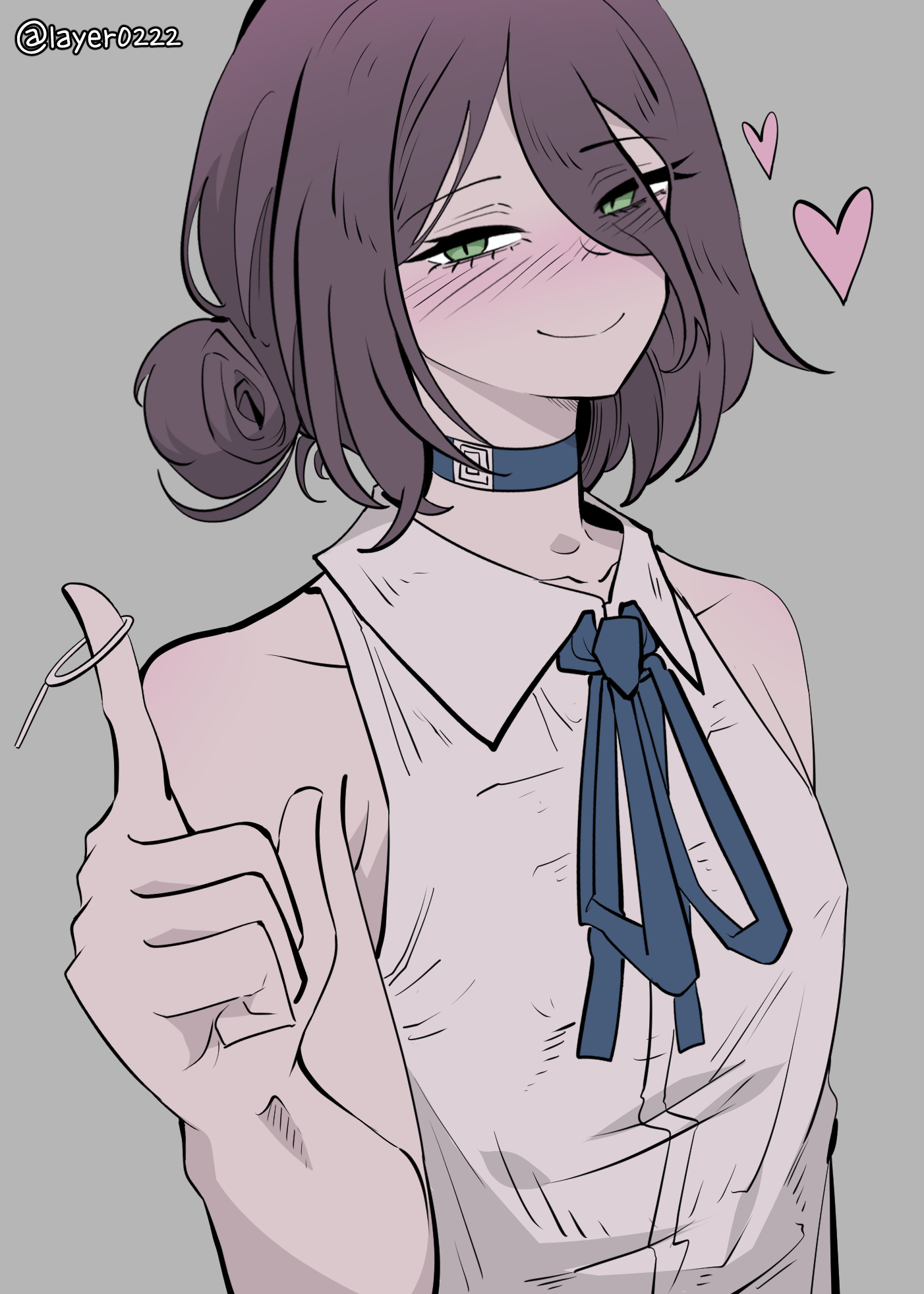 layer (layer illust), reze (chainsaw man), blue archive, chainsaw man, highres, 1girl, bare shoulders, blue choker, blue ribbon, blush, brown hair, choker, collarbone, collared shirt, eyes visible through hair, green eyes, grenade pin, grey background, hair bun, hair over one eye, half-closed eyes, hand up, heart, medium hair, ribbon, shirt, sleeveless, sleeveless shirt, smile, solo, upper body, white shirt
