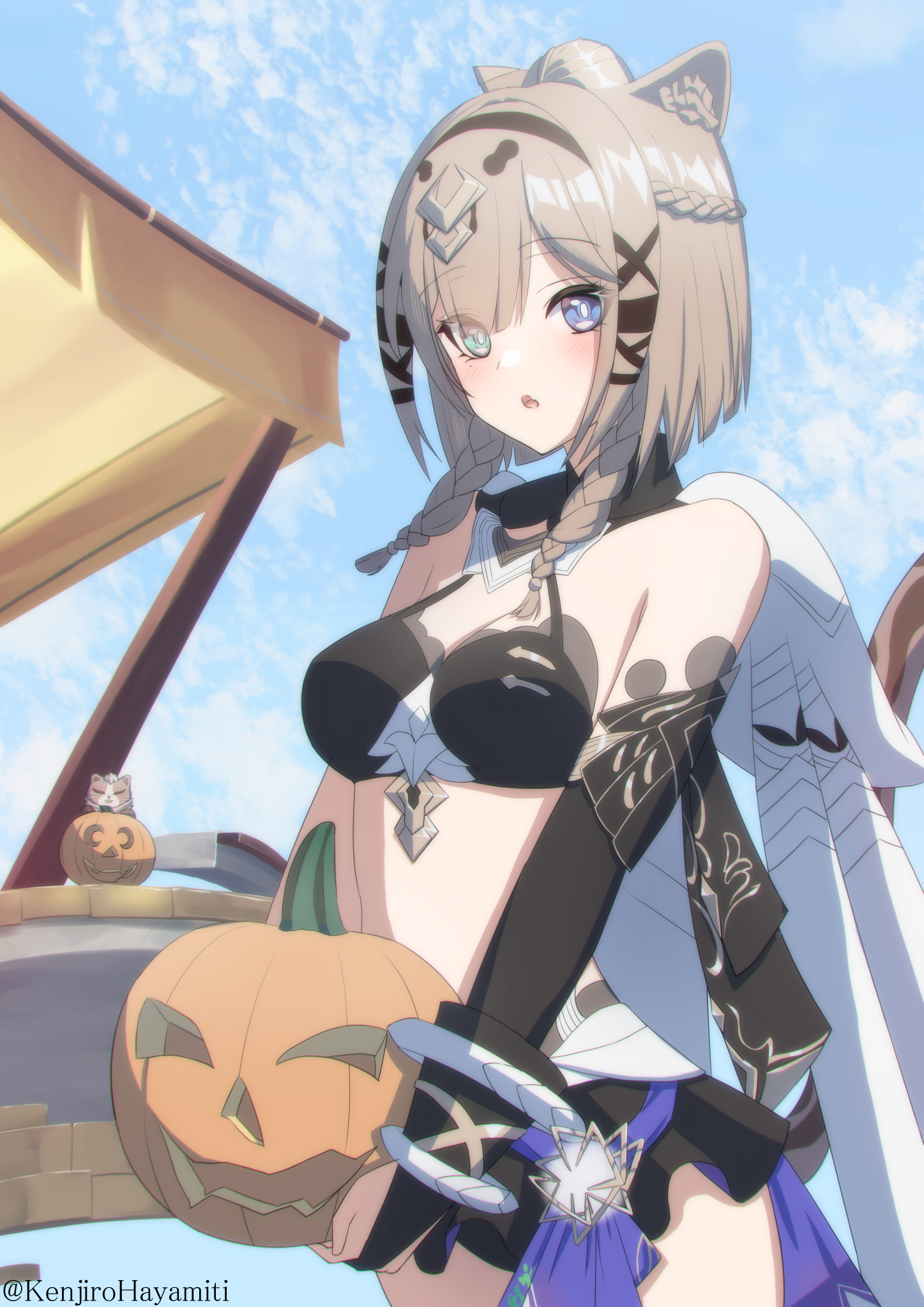 kenjirohayamiti, pardofelis, pardofelis (reverist calico), honkai (series), honkai impact 3rd, commentary request, highres, 1girl, animal ears, bikini, black bikini, black gloves, black shorts, blue eyes, blue sky, blunt bangs, breasts, brown hair, cat ears, cat girl, cat tail, gloves, green eyes, heterochromia, holding, holding pumpkin, looking at viewer, medium breasts, parted lips, partially fingerless gloves, pumpkin, short hair with long locks, short shorts, shorts, sky, solo, swimsuit, tail