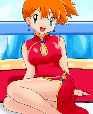 pokemoa, misty (pokemon), nintendo, pokemon, pokemon (anime), pokemon hoso (anime), pokemon hs01, lowres, tagme, 1girl, ass, breasts, chinese clothes, dress, female focus, green eyes, looking at viewer, official alternate costume, orange hair, qipao dress, sitting, solo