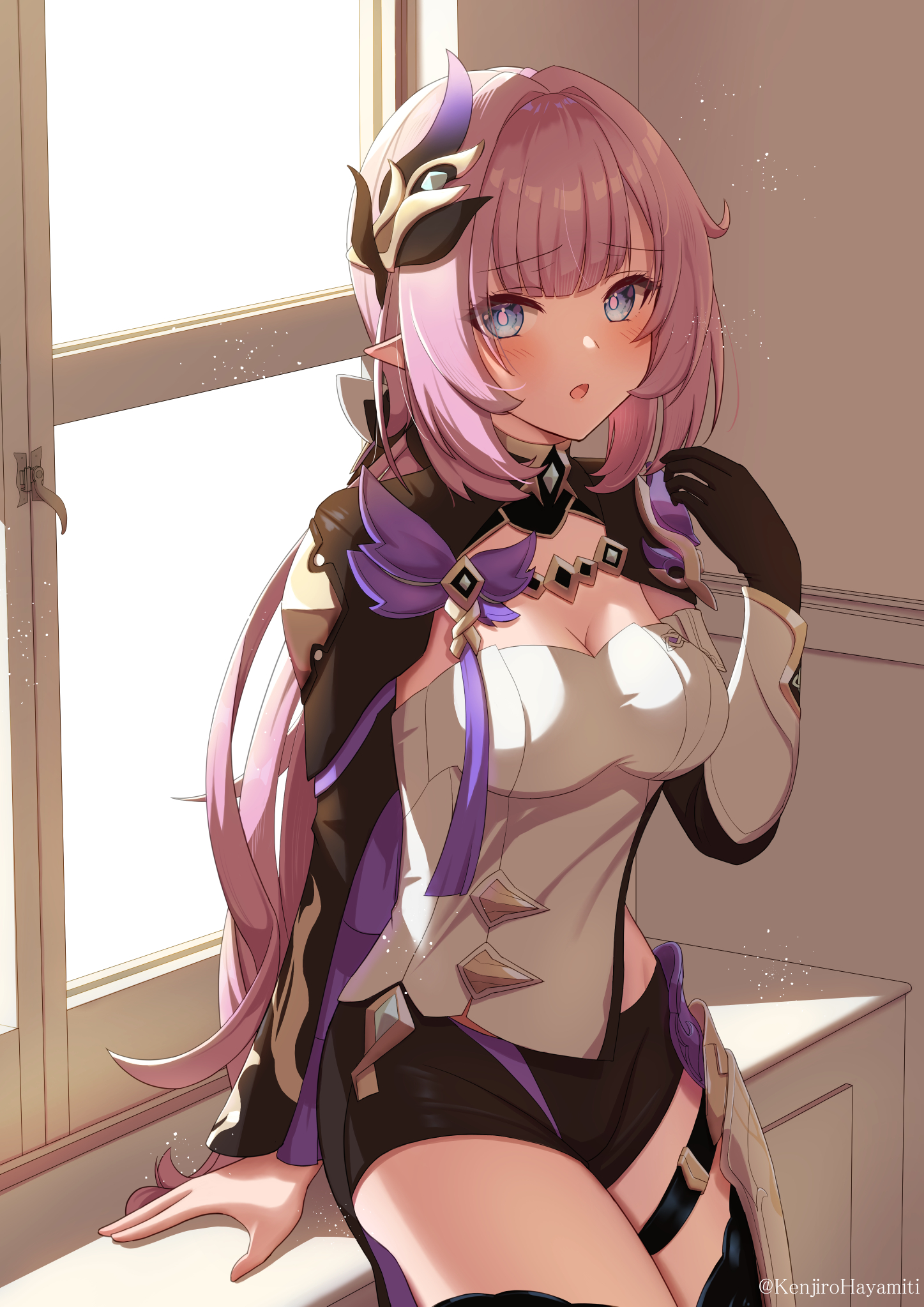 kenjirohayamiti, elysia (honkai impact), elysia (miss pink elf) (honkai impact), honkai (series), honkai impact 3rd, commentary request, highres, 1girl, :d, :o, black boots, black gloves, black shorts, blue eyes, boots, breasts, cleavage, elf, gloves, hair ornament, indoors, long hair, long sleeves, looking at viewer, open mouth, pink hair, pointy ears, ponytail, shirt, shorts, shrug (clothing), single glove, sitting, smile, solo, thigh boots, thighhighs, white shirt, window