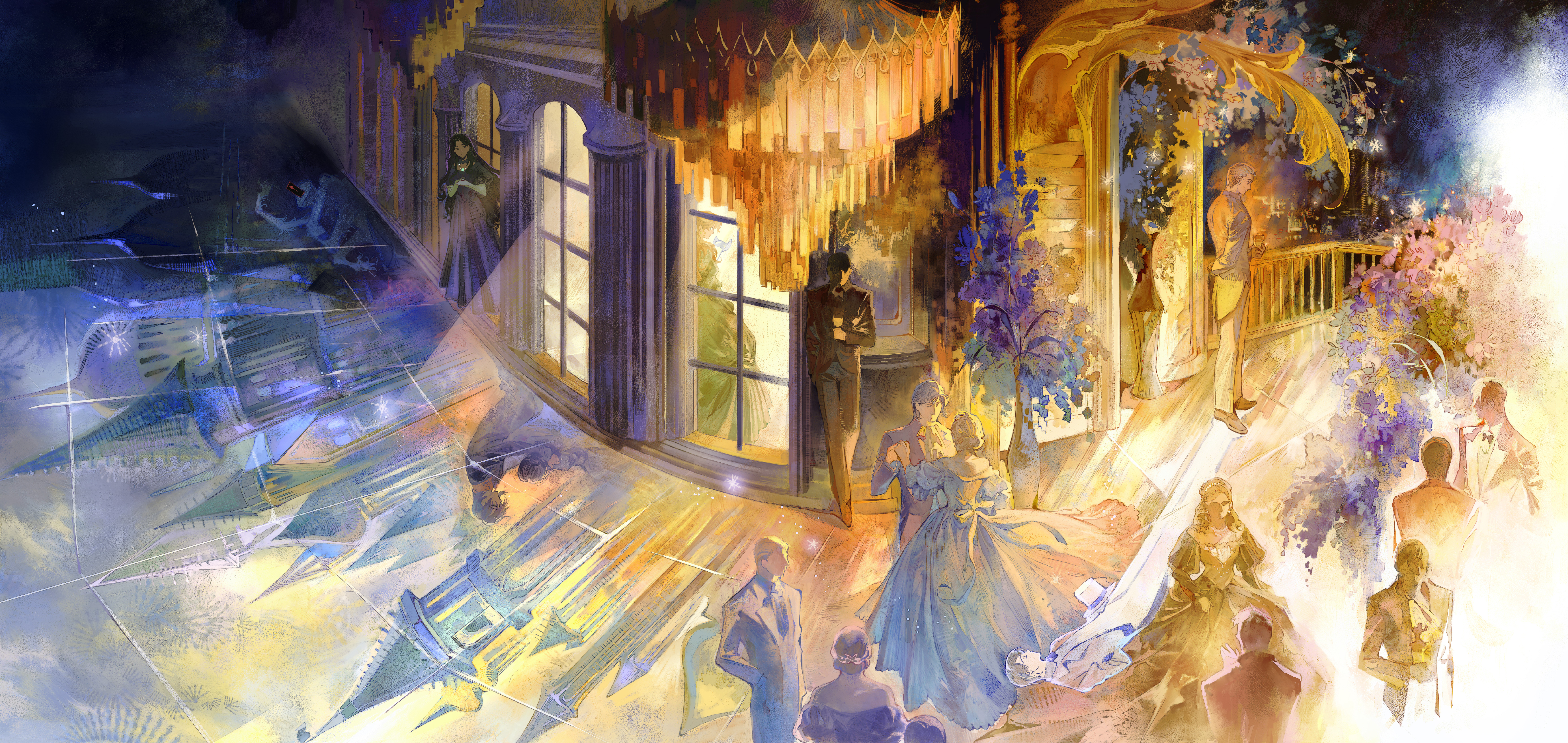 ink (303682546), original, absurdres, highres, 5girls, 6+boys, arched window, ascot, chandelier, dancing, day, dress, flower, formal clothes, holding, holding mask, mask, multiple boys, multiple girls, railing, suit, sunlight, vase, window