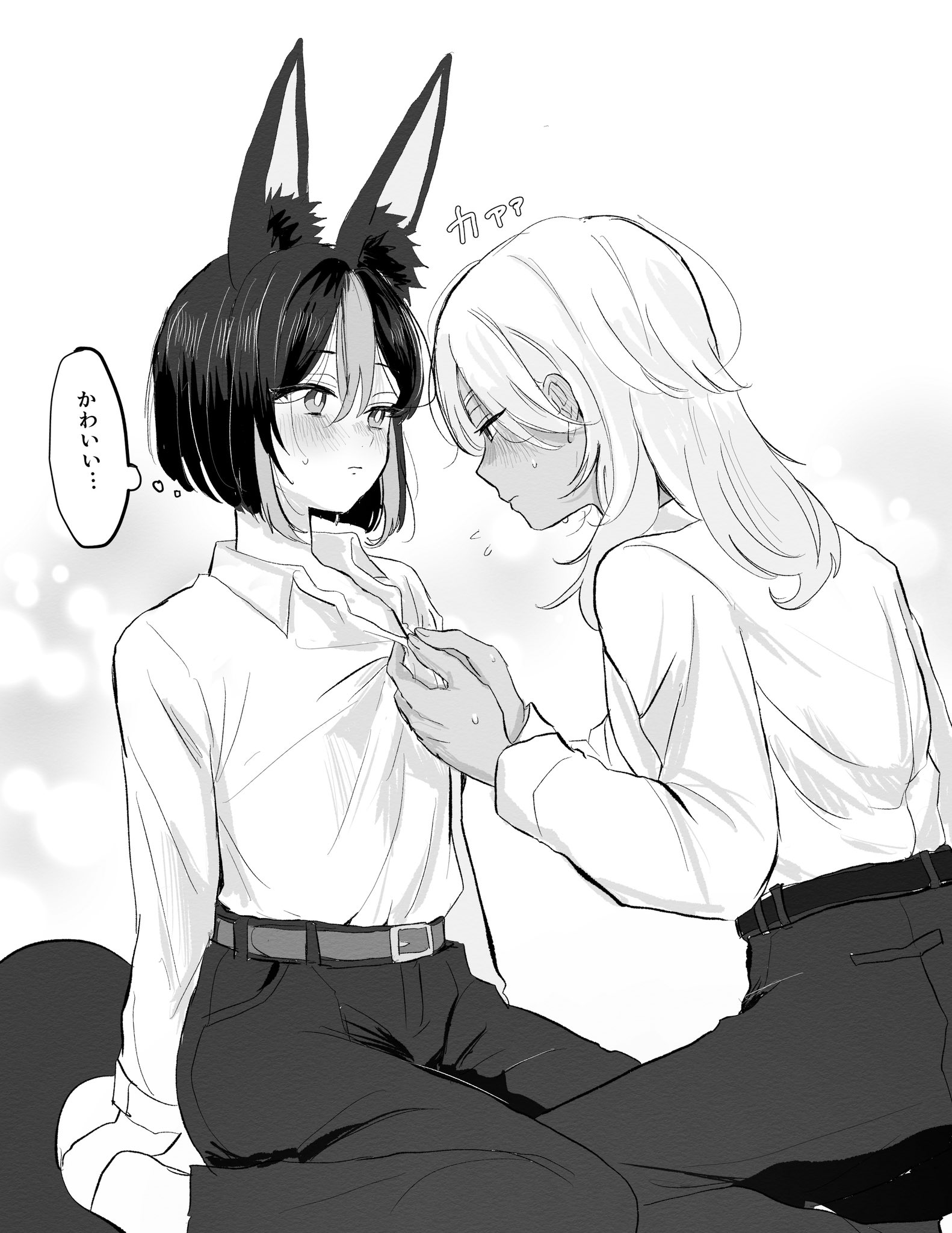 otanpopo1208, cyno (genshin impact), tighnari (genshin impact), genshin impact, commentary request, highres, translation request, 2boys, alternate costume, animal ears, belt, belt buckle, blunt ends, blush, buckle, buttoning, collared shirt, flying sweatdrops, fox boy, fox ears, fox tail, hair behind ear, long hair, looking at another, looking down, male focus, multicolored hair, multiple boys, open collar, pants, seiza, shirt, shirt tucked in, short hair, simple background, sitting, speech bubble, streaked hair, tail, white background