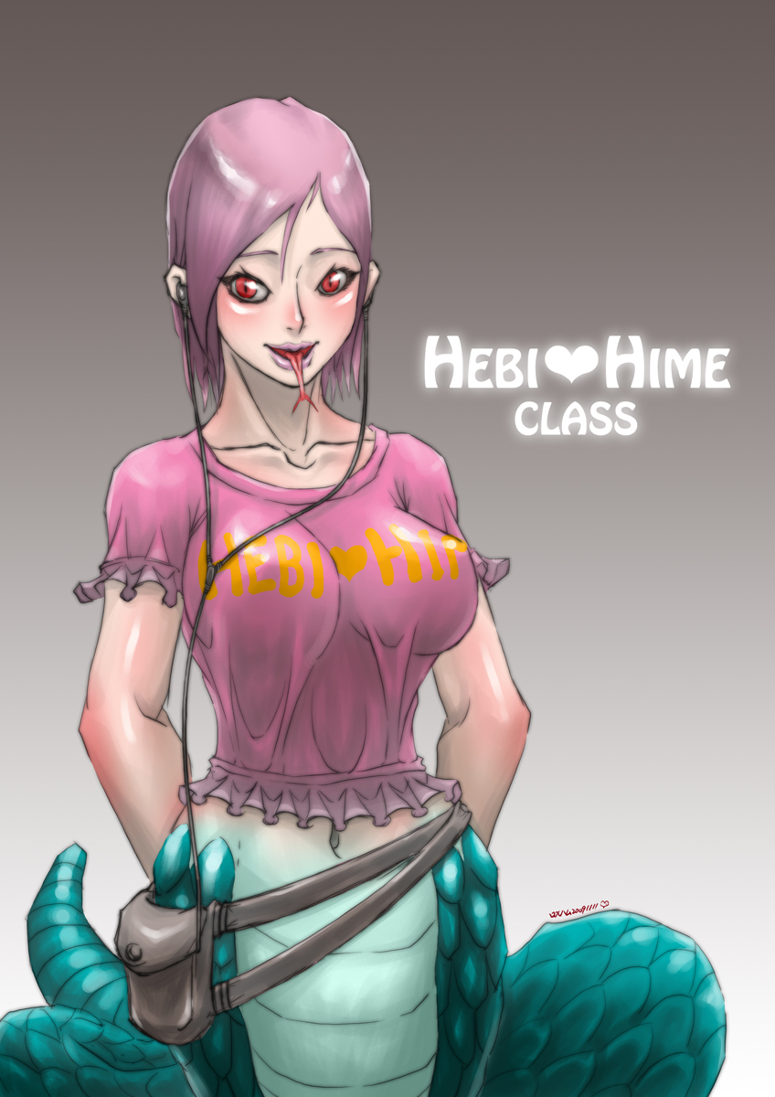 romehamu, original, highres, 1girl, belt pouch, blush, breasts, covered erect nipples, earphones, english text, female focus, forked tongue, lamia, large breasts, monster girl, nipples, pink hair, pouch, red eyes, shirt, short hair, solo, tongue