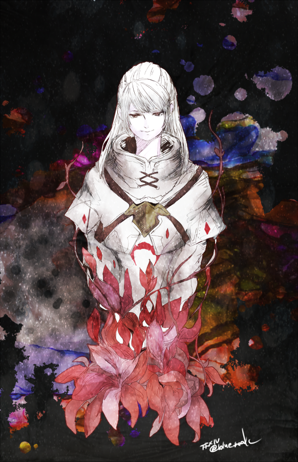 ruka (blueplus84), final fantasy, final fantasy xiv, commentary, 1girl, capelet, copyright name, edda blackbosom, flower, hyur, long hair, red eyes, red flower, solo, twitter username, white capelet, white hair