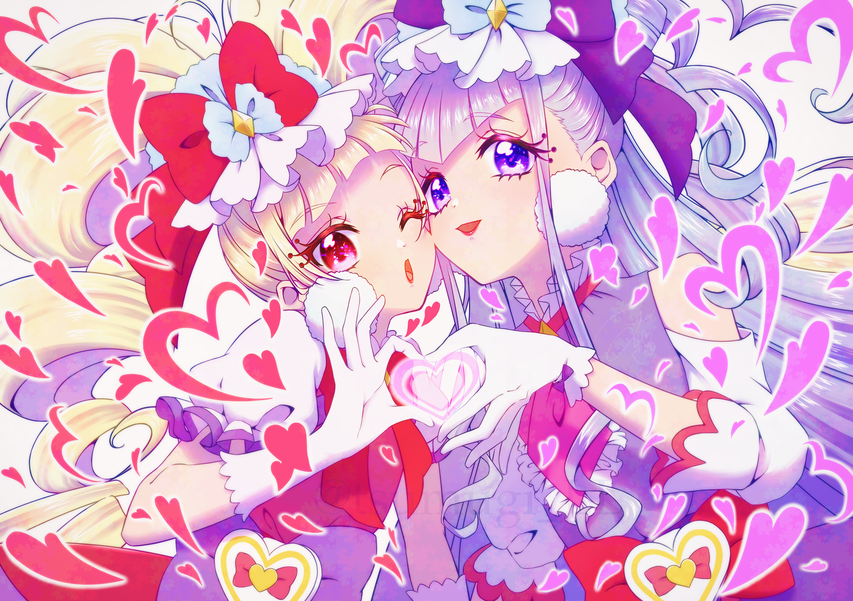 confettocandy, aisaki emiru, cure amour, cure macherie, ruru amour, hugtto! precure, precure, commentary, highres, 2girls, :d, :o, ascot, blonde hair, bow, bowtie, cheek-to-cheek, choppy bangs, clothing cutout, dress, drill hair, earrings, eyelashes, gloves, hair bow, heads together, heart, heart hands, heart hands duo, heart in heart hands, jewelry, lipstick, long hair, magical girl, makeup, multiple girls, multiple theme colors, one eye closed, open clothes, open mouth, pink ascot, pleated collar, pom pom (clothes), pom pom earrings, puffy short sleeves, puffy sleeves, purple bow, purple dress, purple eyes, purple theme, red bow, red bowtie, red hair, red lips, red theme, short sleeves, shoulder cutout, smile, tareme, three-quarter sleeves, twin drills, two side up, upper body, v-bangs, white gloves