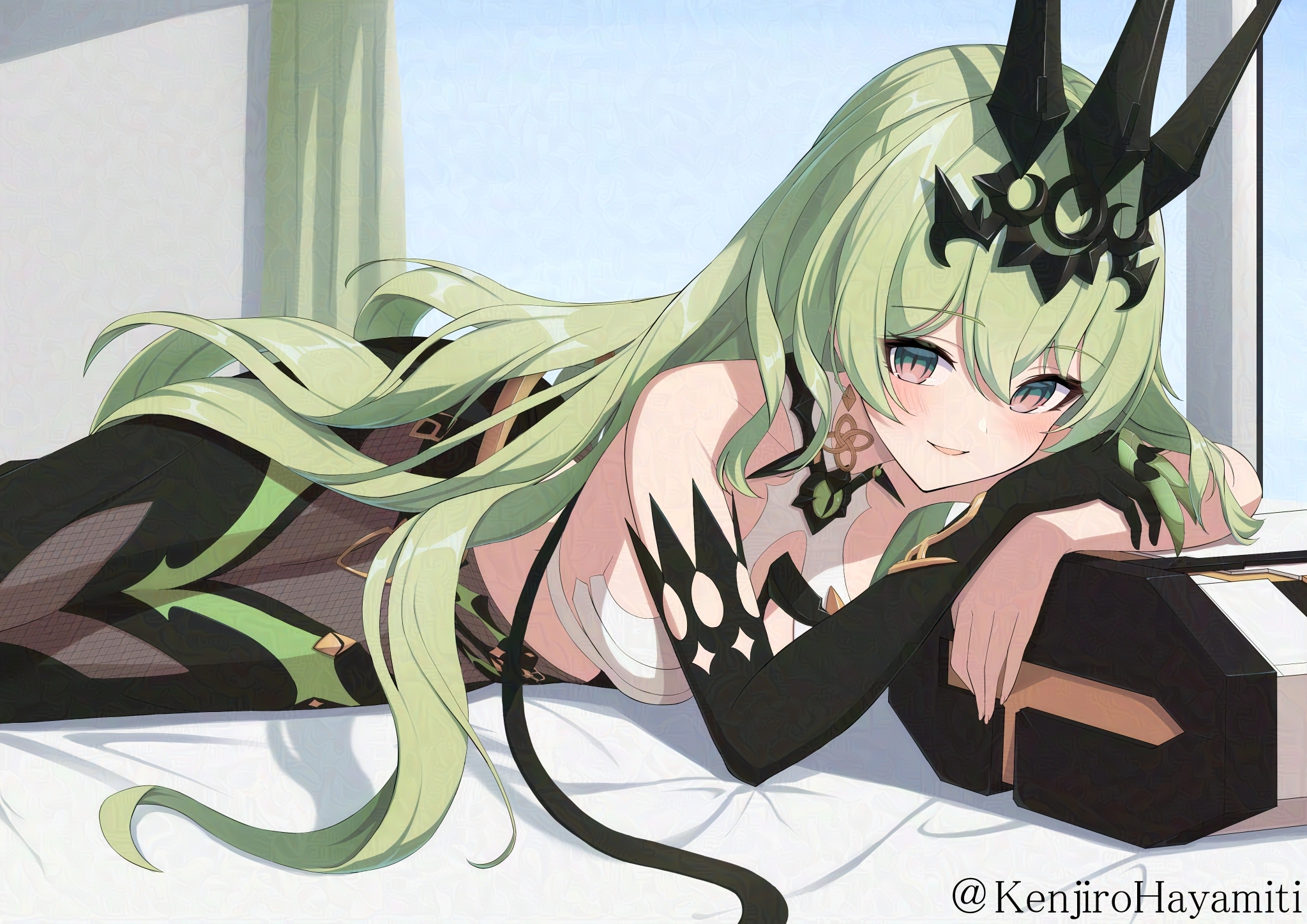 kenjirohayamiti, mobius (honkai impact), honkai (series), honkai impact 3rd, commentary request, highres, 1girl, bare shoulders, black gloves, black pants, black tiara, breasts, earrings, elbow gloves, gloves, green hair, hair between eyes, headpiece, indoors, jewelry, long hair, looking at viewer, lying, medium breasts, on stomach, pants, parted lips, red eyes, single elbow glove, smile, solo, tiara, twitter username, window