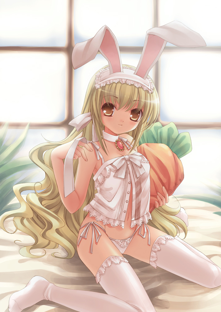 takatsukasa yue, original, 1girl, animal ears, blonde hair, female focus, indoors, long hair, panties, rabbit ears, side-tie panties, solo, thighhighs, underwear, yellow eyes