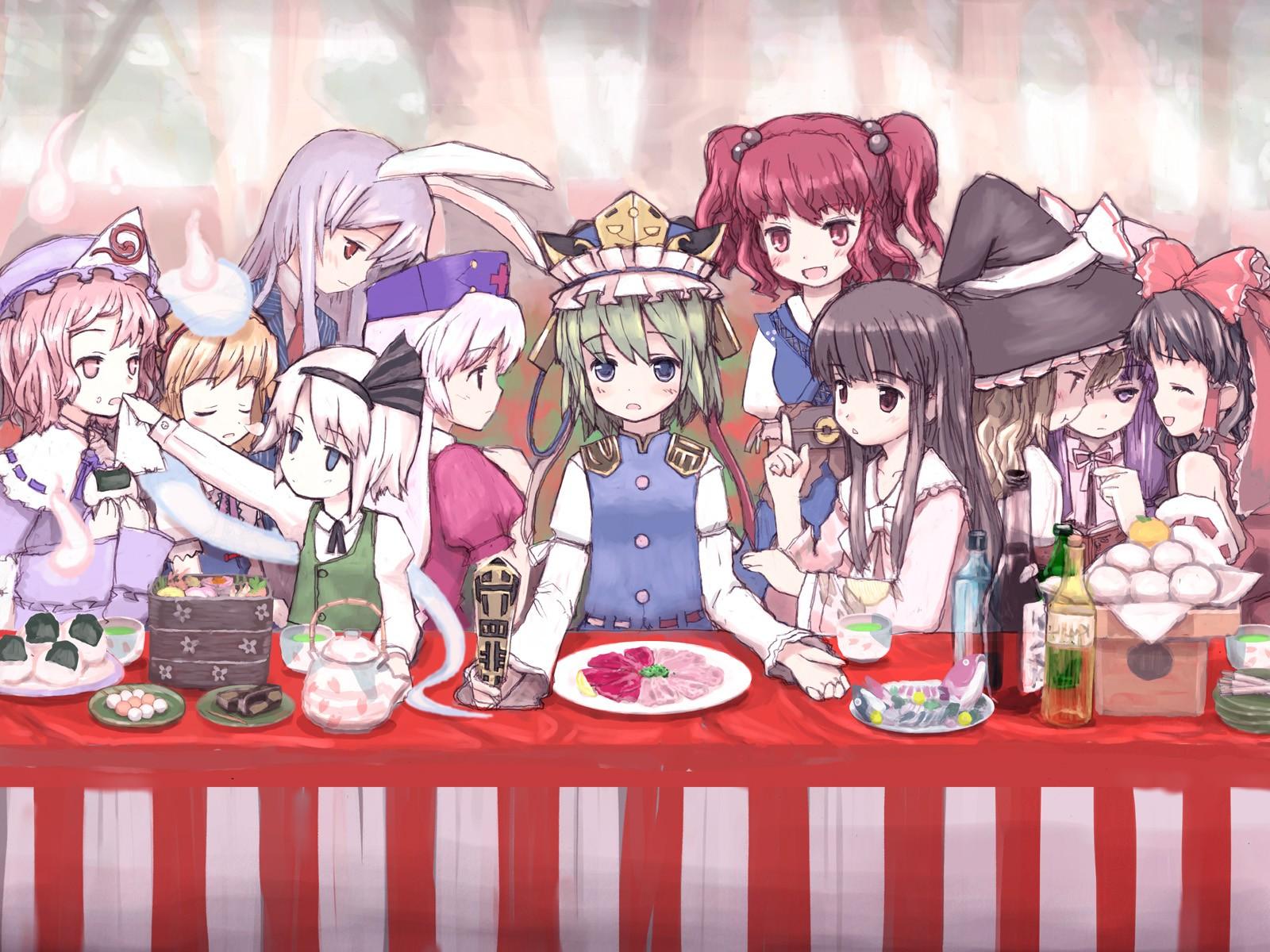 the last supper, touhou, highres, tagme, 6+girls, female focus, fine art parody, multiple girls, outdoors, parody, plant, sitting, standing, tree