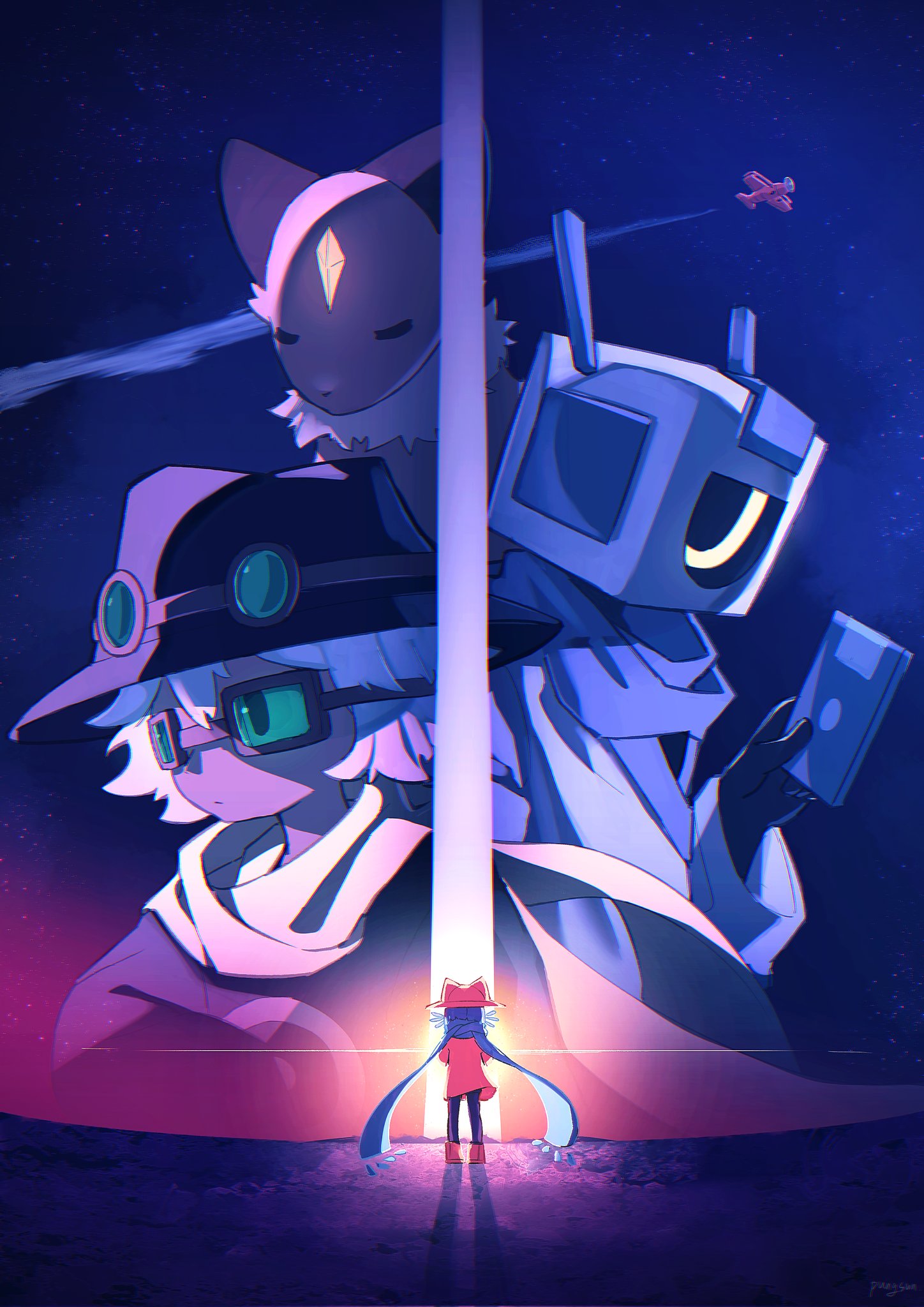 pungsun, cedric (oneshot), niko (oneshot), prototype (oneshot), rue (oneshot), oneshot (game), commentary, english commentary, highres, 1boy, 1girl, 1other, aircraft, airplane, androgynous, animal hat, backlighting, biplane, black coat, black fur, black hat, blue hair, blue scarf, boots, brown boots, brown coat, brown hat, cat hat, closed eyes, coat, contrail, floppy disk, fox, hat, holding floppy disk, humanoid robot, long scarf, long sleeves, looking at viewer, looking to the side, medium hair, neck fur, one-eyed, orange fur, robot, scarf, standing, white coat, white fur, white hair, yellow eyes, yellow scarf