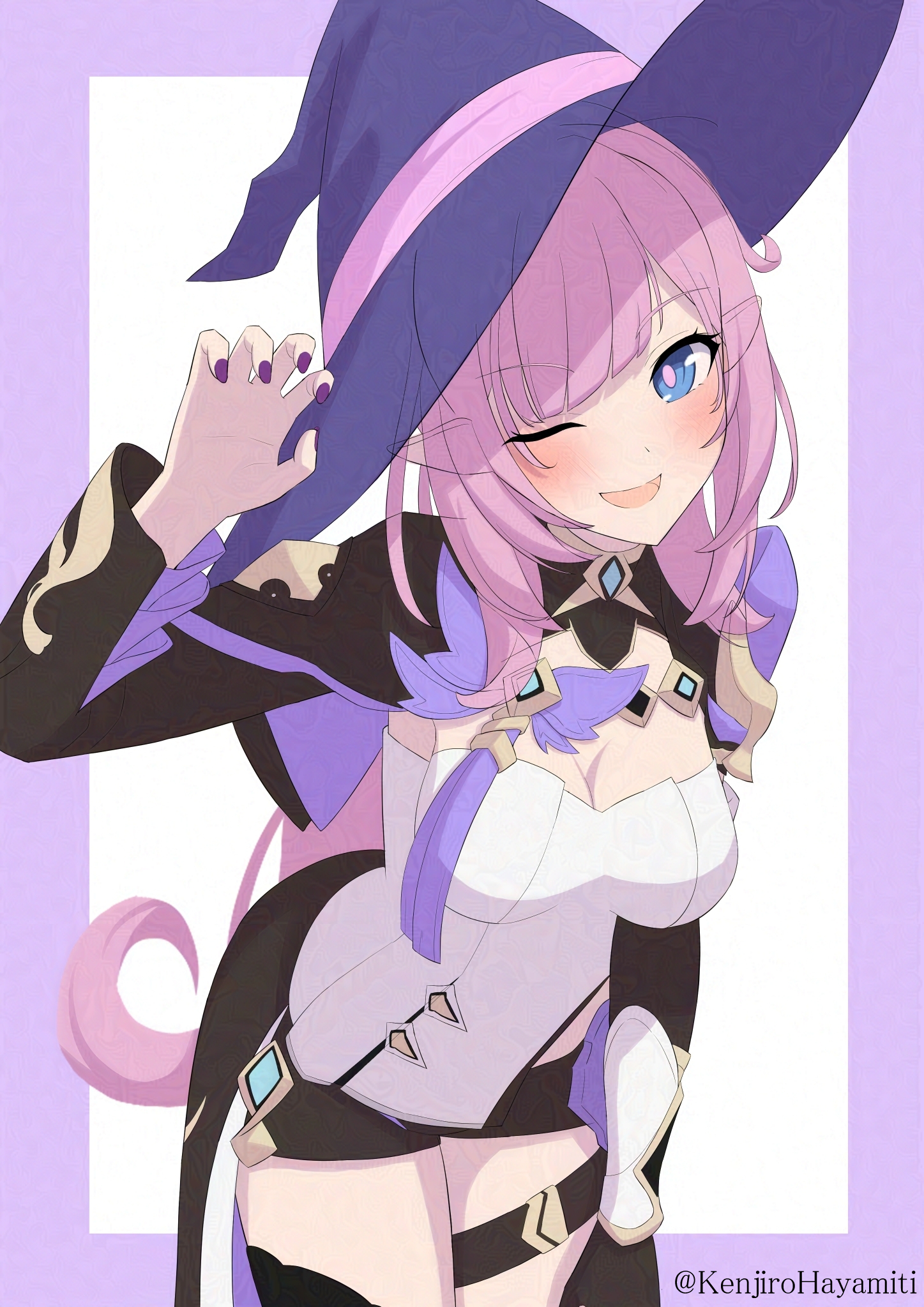 kenjirohayamiti, elysia (honkai impact), elysia (miss pink elf) (honkai impact), honkai (series), honkai impact 3rd, commentary request, highres, 1girl, ;o, black shorts, black shrug, blue eyes, border, breasts, cleavage, corset, elf, hat, large breasts, long hair, looking at viewer, one eye closed, pink hair, pointy ears, purple border, purple eyes, short shorts, shorts, shrug (clothing), simple background, smile, solo, thighs, twitter username, very long hair, white background, white corset, witch hat