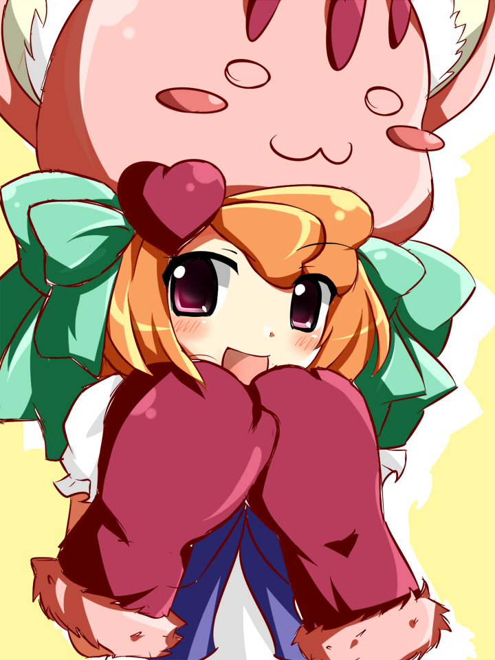 refrct, mikogami riko, anyamal tantei kirumin zoo, bad id, bad pixiv id, 1girl, animal ears, animal hands, animal hat, blush, bow, cat ears, female focus, hat, heart, open mouth, orange hair, red eyes, ribbon, solo