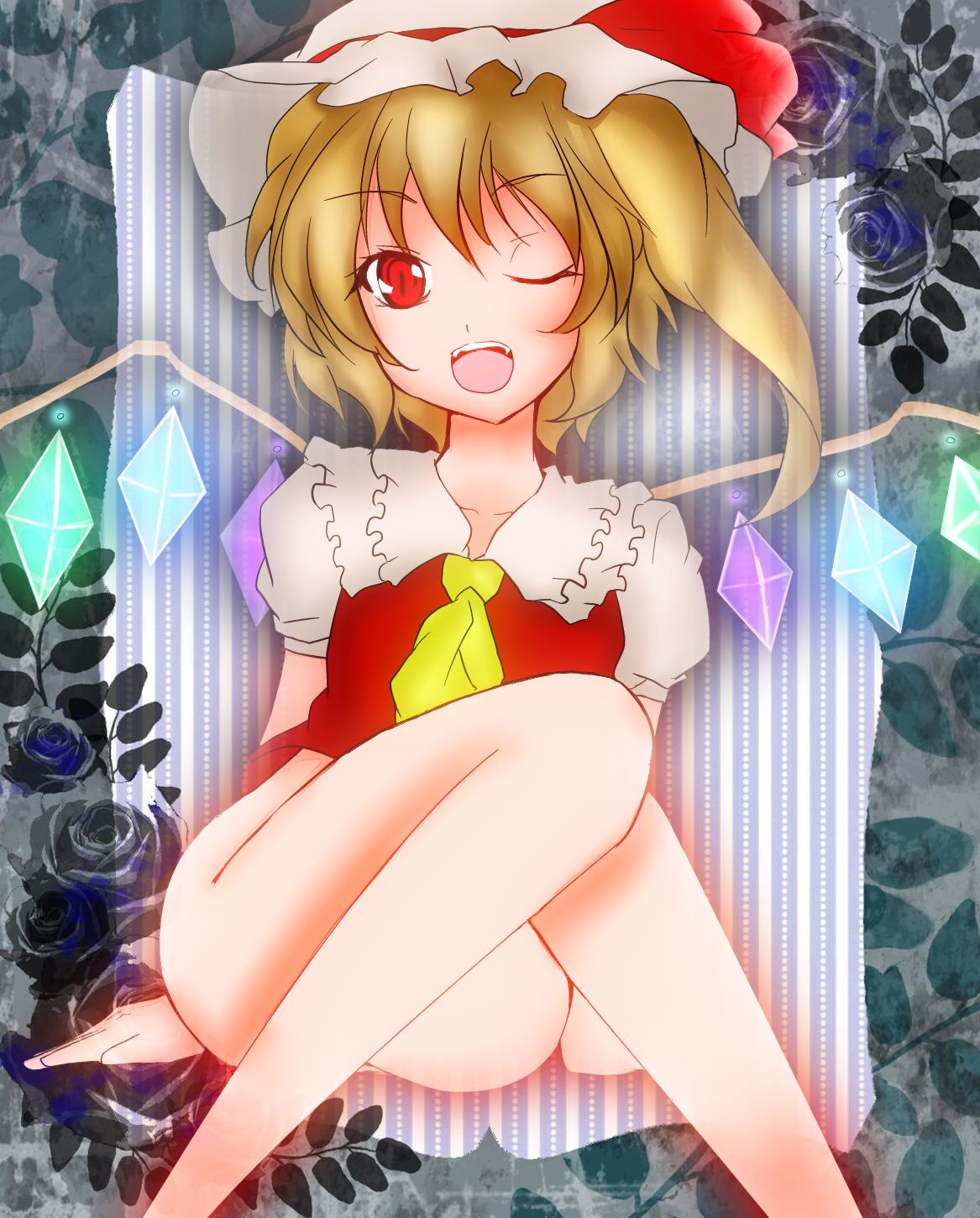 ai tomoyo, flandre scarlet, embodiment of scarlet devil, touhou, highres, 1girl, blonde hair, bottomless, female focus, hat, no panties, ponytail, red eyes, short hair, side ponytail, solo, wings