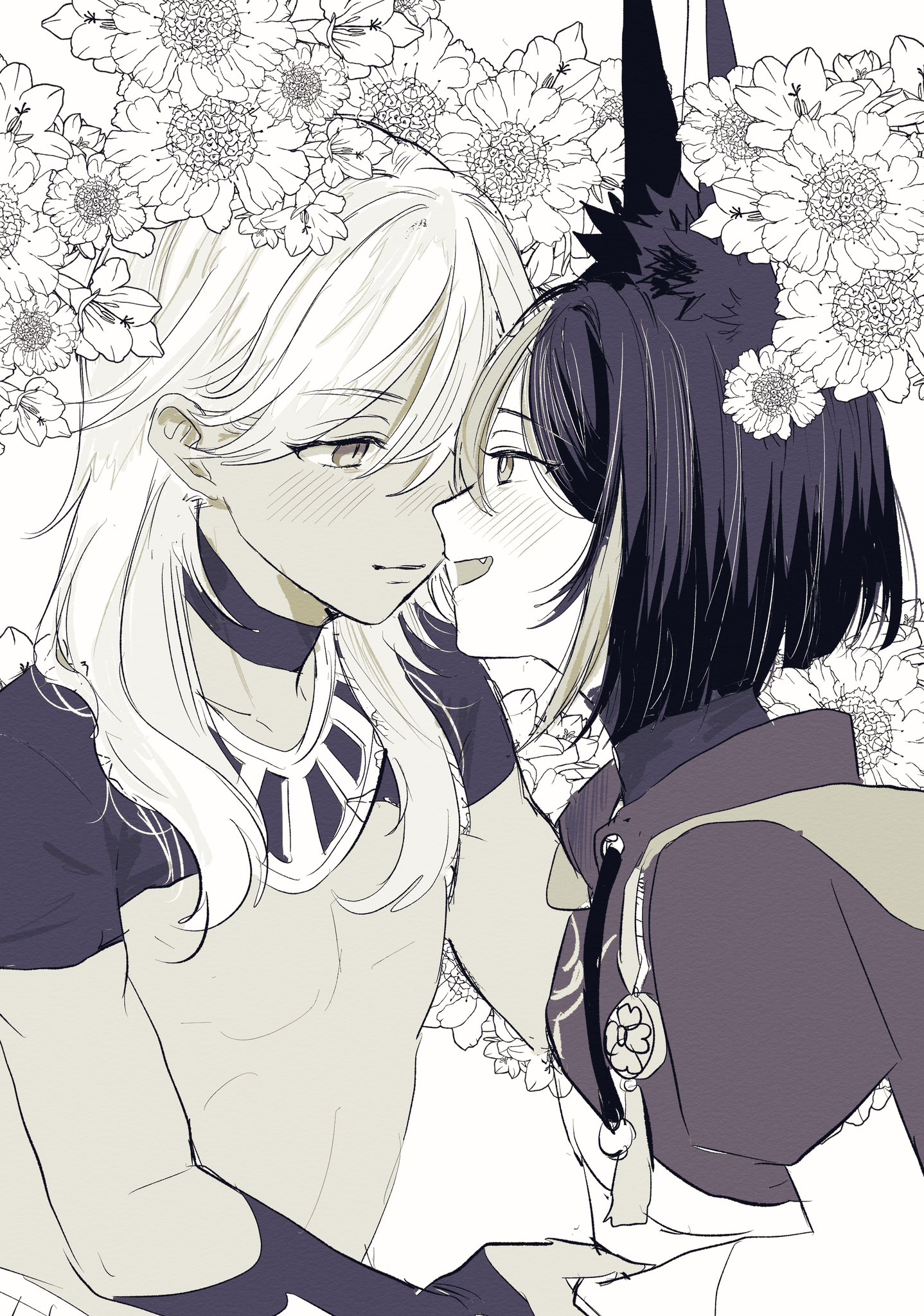 otanpopo1208, cyno (genshin impact), tighnari (genshin impact), genshin impact, commentary request, highres, 2boys, animal ear fluff, animal ears, bare pectorals, blunt ends, closed mouth, eye contact, flower, fox ears, gloves, greyscale, hair behind ear, hair between eyes, hand on another's arm, jacket, long hair, looking at another, male focus, monochrome, multicolored hair, multiple boys, open mouth, pectorals, short hair, short sleeves, smile, streaked hair, usekh collar, white background, yaoi