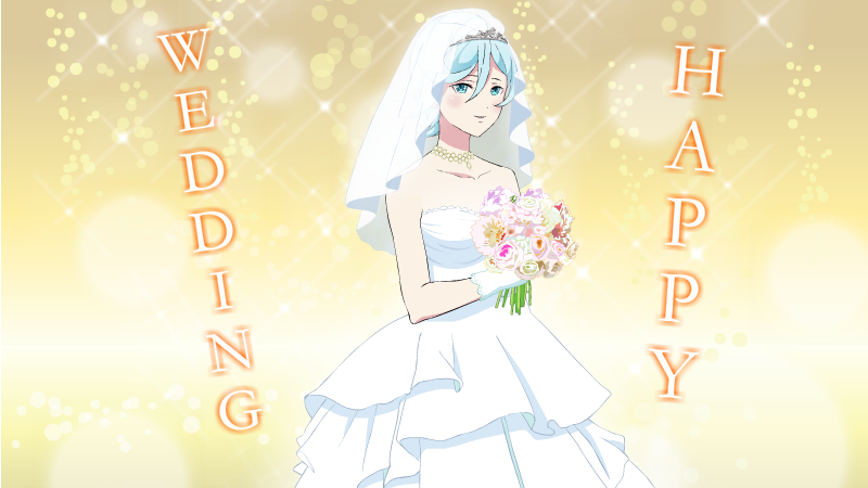 nana (henkei shoujo), henkei shoujo, official art, 1girl, bare shoulders, blue eyes, blue hair, blush, bouquet, breasts, dress, flower, gloves, holding, holding bouquet, long dress, looking at viewer, smile, solo, wedding dress, white dress, white gloves