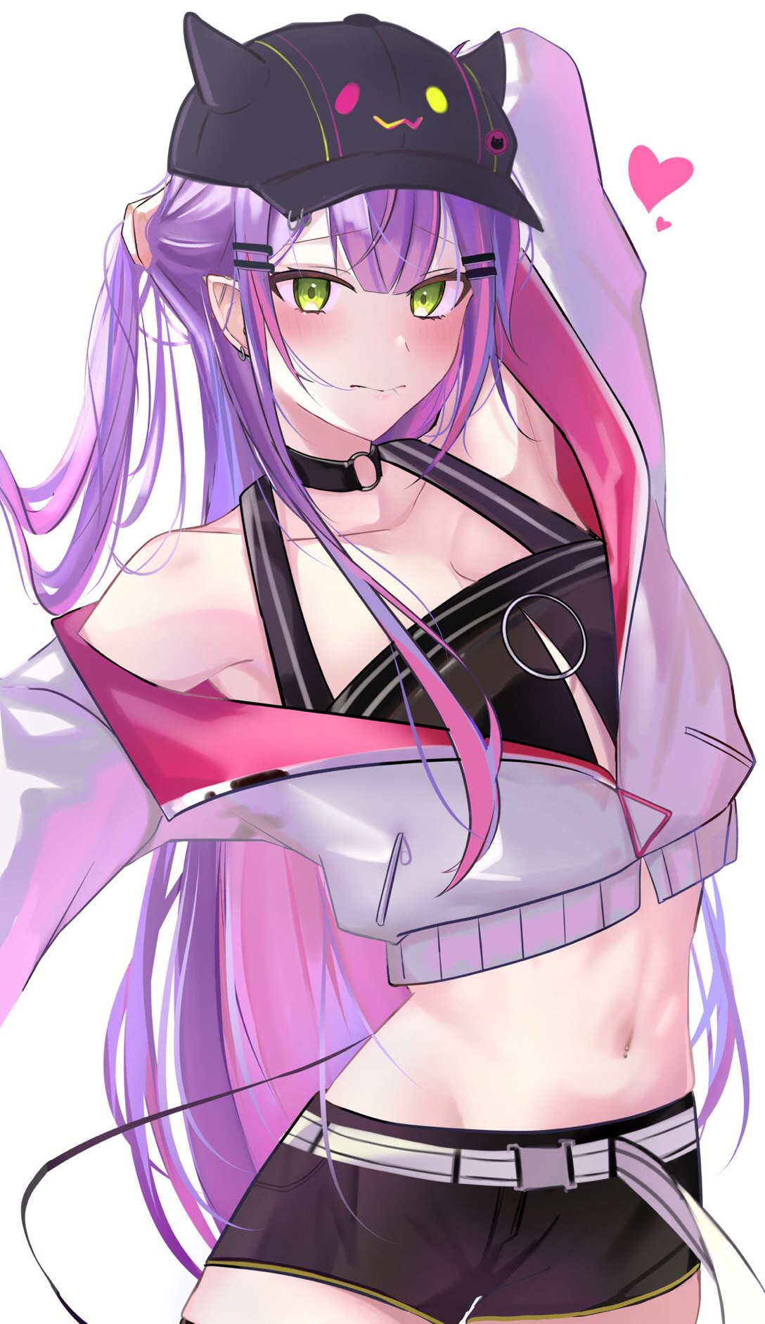 pikurusuda, tokoyami towa, tokoyami towa (1st costume), hololive, commentary, highres, 1girl, arm behind head, armpits, baseball cap, belt, black choker, black shorts, blush, choker, collarbone, demon girl, demon tail, ear piercing, fake horns, grabbing own hair, green eyes, hair between eyes, hair ornament, hat, heart, holding, holding own hair, horned headwear, horns, long hair, long sleeves, looking at viewer, midriff, multicolored hair, navel, piercing, pink hair, pointy ears, purple hair, shorts, simple background, tail, virtual youtuber, white belt