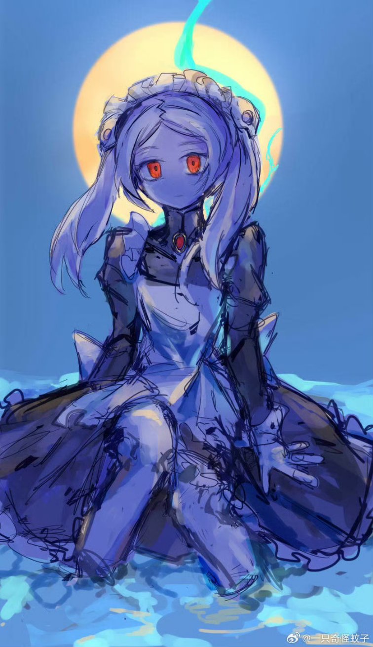 wewe123555, bloody marie (skullgirls), skullgirls, 1girl, apron, blue background, brooch, dress, facing viewer, frilled apron, frilled dress, frills, full moon, hair ornament, jewelry, juliet sleeves, long sleeves, looking at viewer, maid headdress, moon, partially submerged, puffy sleeves, red eyes, sitting, sketch, skull hair ornament, solo, twintails, water