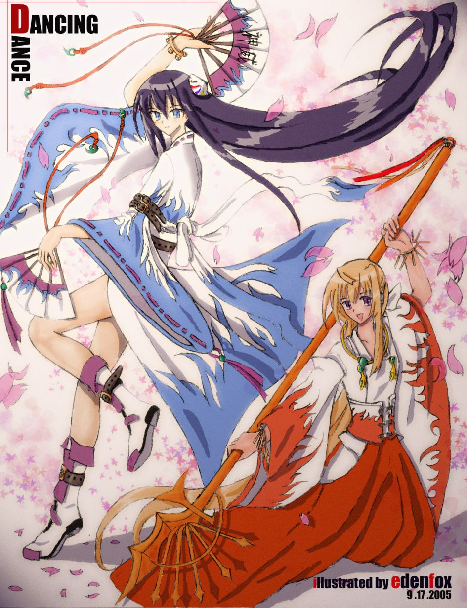 edenfox, himemiya chikane, kurusugawa himeko, kannazuki no miko, highres, 00s, 2girls, blonde hair, blue eyes, blue hair, boots, hand fan, long hair, multiple girls, purple eyes, very long hair, weapon