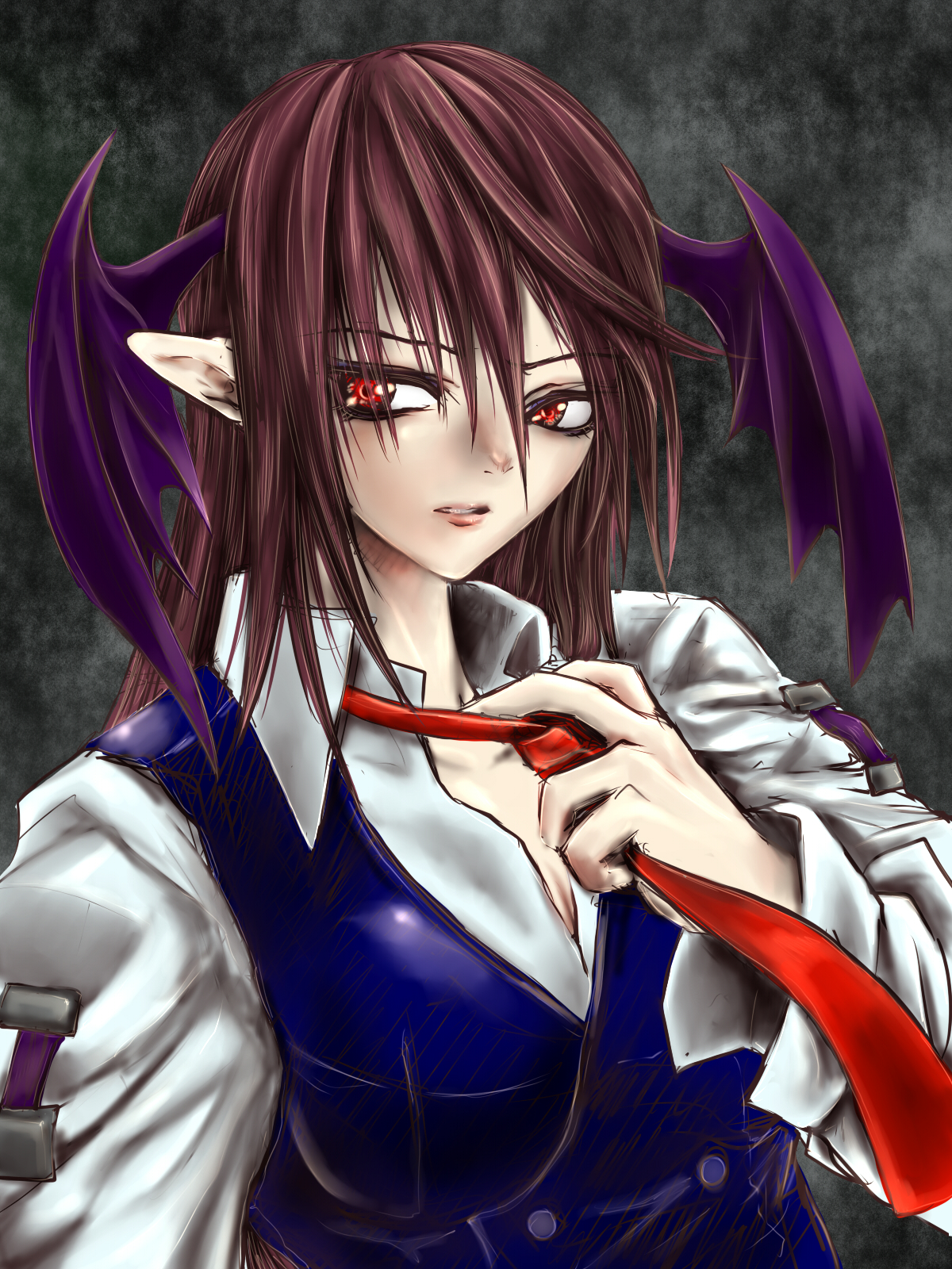 ledjoker07, koakuma, embodiment of scarlet devil, touhou, highres, 1girl, bat wings, female focus, head wings, necktie, pointy ears, red eyes, red hair, red necktie, solo, wings