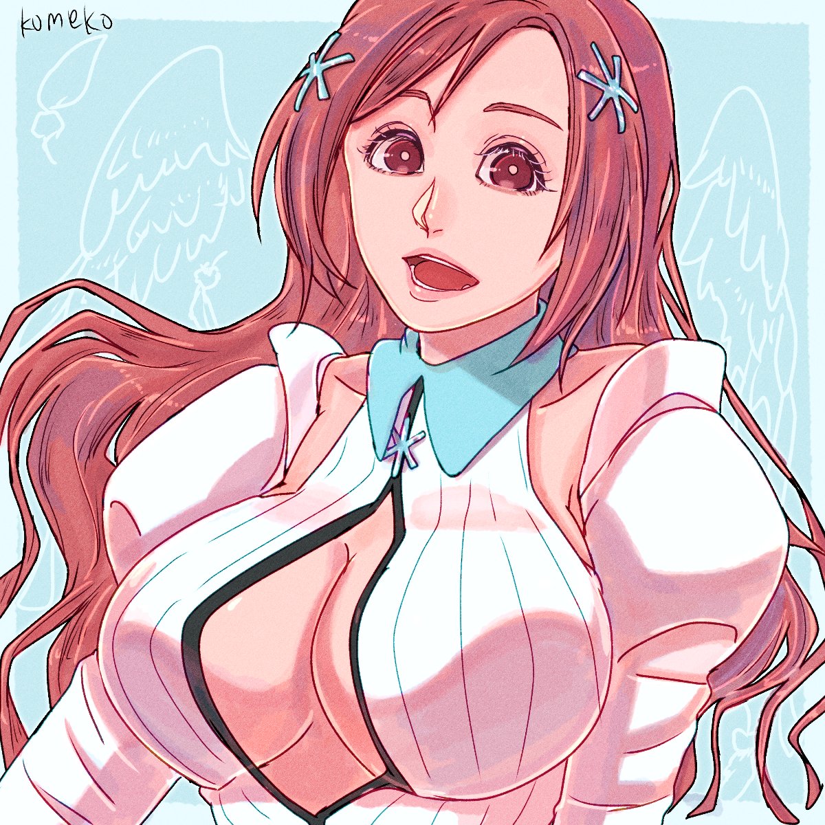 komeko (strikek-lvvjm27), inoue orihime, bleach, highres, 1girl, angel wings, artist name, blue background, breasts, brown eyes, brown hair, cleavage, cleavage cutout, clothing cutout, detached sleeves, drawn wings, feathers, hair ornament, juliet sleeves, large breasts, long hair, long sleeves, looking at viewer, open mouth, parted bangs, puffy sleeves, smile, snowflake hair ornament, snowflake ornament, solo, upper body, vest, white sleeves, white vest, wings
