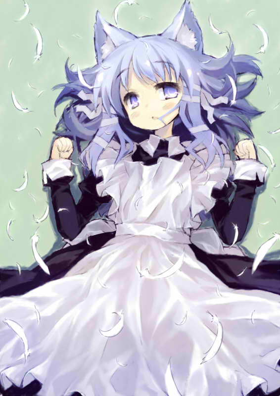 xexu, original, animal ears, cat ears, hair in own mouth, lying, maid, on back, solo