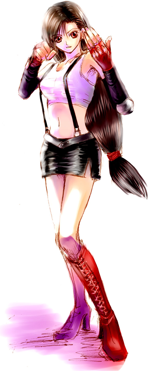 sawatari (pixiv), tifa lockhart, final fantasy, final fantasy vii, highres, 1990s (style), 1girl, bare shoulders, belt, black hair, boots, breasts, elbow gloves, female focus, fingerless gloves, full body, gloves, high heels, long hair, miniskirt, ponytail, red eyes, retro artstyle, skirt, small breasts, solo, suspenders, tank top, white background