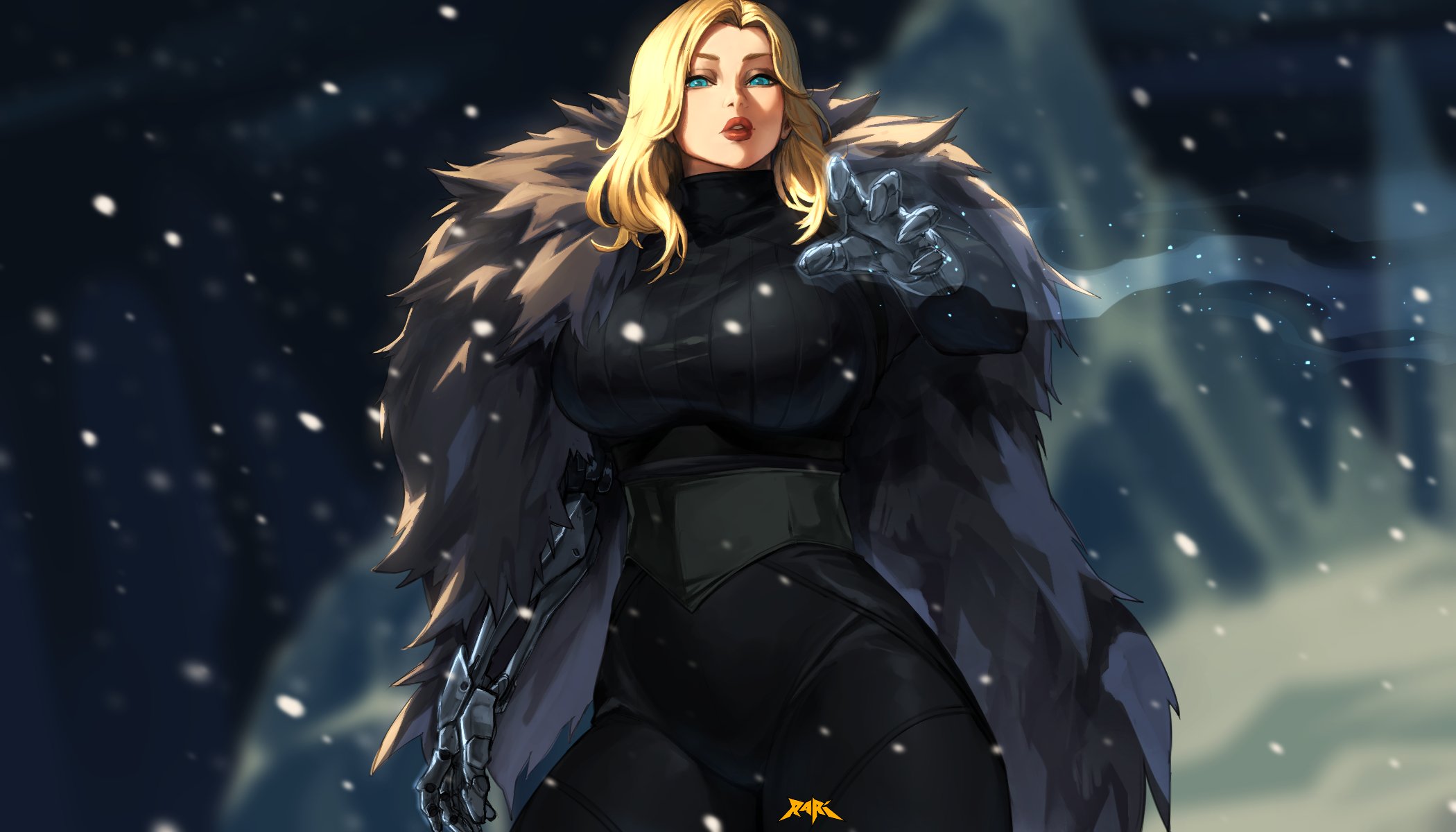 spunkyramaz, original, commentary, english commentary, highres, 1girl, black bodysuit, blonde hair, blue eyes, blurry, blurry background, bodysuit, breasts, coat, coat on shoulders, fur coat, gauntlets, large breasts, long hair, outstretched hand, parted lips, snowing, solo, standing