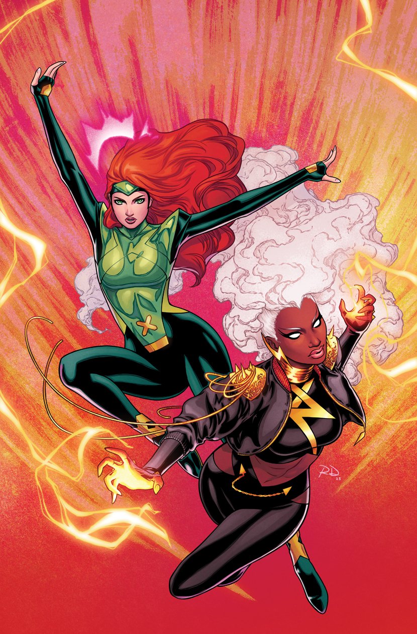 russell dauterman, jean grey, phoenix (x-men), storm (x-men), marvel, x-men, comic cover, commentary, english commentary, highres, official art, armor, arms up, black jacket, black pants, bodysuit, clothing cutout, curly hair, dark-skinned female, dark skin, earrings, electricity, electrokinesis, fingerless gloves, floating hair, forehead protector, gloves, green bodysuit, green eyes, hip vent, jacket, jewelry, lightning bolt earrings, lightning bolt symbol, long hair, looking at viewer, midriff, no pupils, orange background, pants, pauldrons, red hair, shoulder armor, spiked pauldrons, spikes, superhero costume, very long hair, western comics (style), white hair