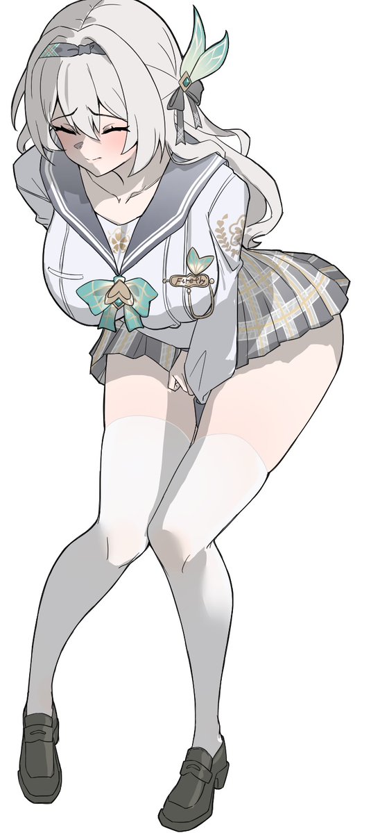 ynfkin, firefly (honkai: star rail), firefly (spring missive) (honkai: star rail), honkai: star rail, honkai (series), commentary request, 1girl, arched back, blush, breasts, closed eyes, closed mouth, collarbone, grey hair, grey hairband, grey ribbon, grey sailor collar, grey skirt, hair ornament, hairband, hand on own crotch, loafers, long hair, long sleeves, medium breasts, pleated skirt, ribbon, sailor collar, school uniform, serafuku, shirt, shoes, simple background, skirt, thighhighs, white background, white shirt, white thighhighs