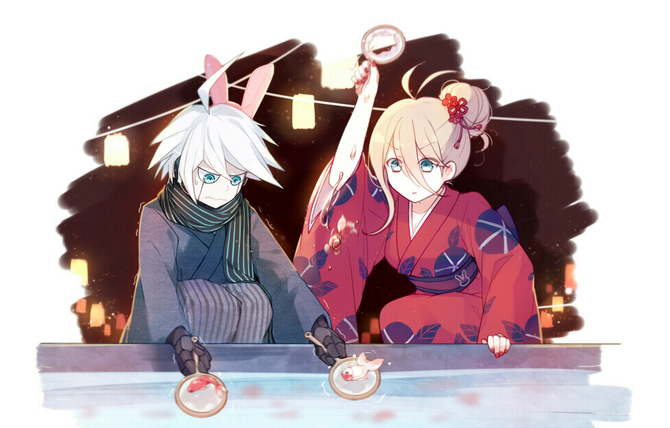 hiragi rin, iruma miu, k1-b0, danganronpa (series), danganronpa v3: killing harmony, 1boy, 1girl, ahoge, alternate costume, androgynous, animal ear hairband, animal ears, antenna hair, aqua eyes, back bow, black hakama, black kimono, black scarf, blonde hair, blue bow, blue eyes, border, bow, closed mouth, cowboy shot, detached sleeves, fake animal ears, fish, flower, flower knot, frown, goldfish, goldfish scooping, hair between eyes, hair bun, hair flower, hair ornament, hair ribbon, hairband, hakama, hakama pants, japanese clothes, kimono, lantern, long hair between eyes, long sleeves, motion blur, nail polish, nervous, nervous sweating, night, obi, outside border, pants, paper lantern, parted lips, pink hairband, print kimono, rabbit ear hairband, rabbit ears, red flower, red kimono, red nails, red ribbon, ribbon, sash, scarf, short hair with long locks, single hair bun, single sidelock, spiked hair, squatting, striped clothes, striped scarf, sweat, swept bangs, tassel, tassel hair ornament, updo, water drop, wavy hair, white border, white hair, wide sleeves, yukata