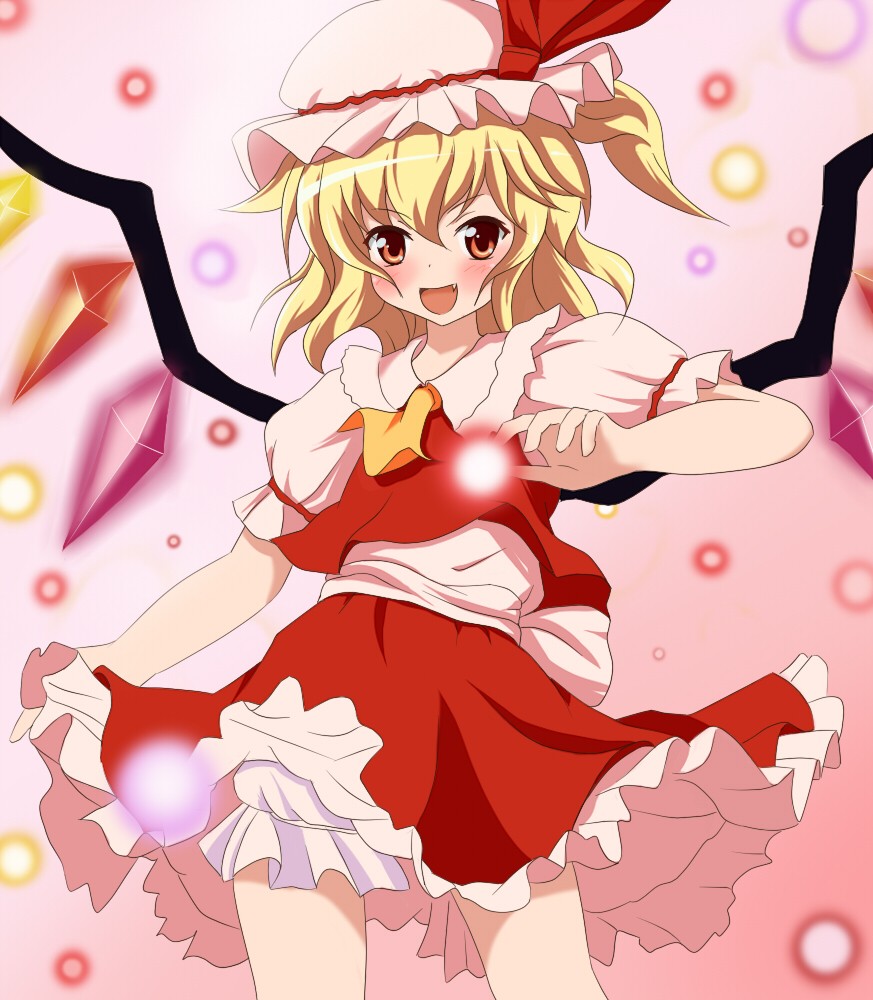 miracle (miracle1980), flandre scarlet, embodiment of scarlet devil, touhou, 1girl, blonde hair, blouse, female focus, hair between eyes, hat, mob cap, ponytail, red eyes, shirt, short hair, side ponytail, solo, white hat, white shirt, wings