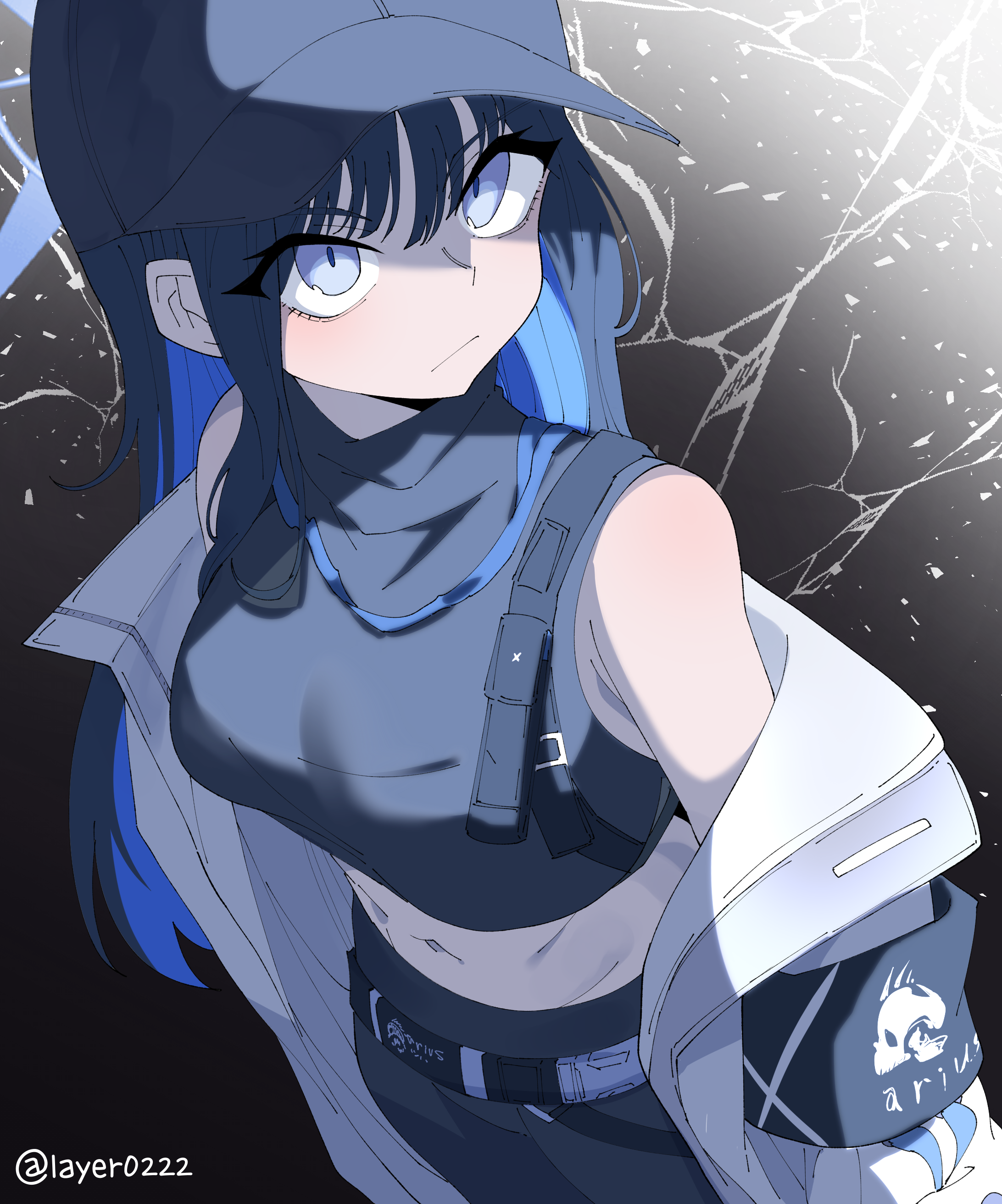 layer (layer illust), saori (blue archive), blue archive, absurdres, commentary request, highres, 1girl, armband, baseball cap, belt, black armband, black belt, black hat, black pants, black shirt, blue eyes, blue hair, blue halo, breasts, colored inner hair, cropped shirt, hair between eyes, hair over shoulder, halo, hat, jacket, jacket partially removed, long hair, looking up, medium breasts, multicolored hair, pants, shaded face, shirt, sidelocks, sleeveless, sleeveless shirt, solo, turtleneck, turtleneck shirt, white jacket