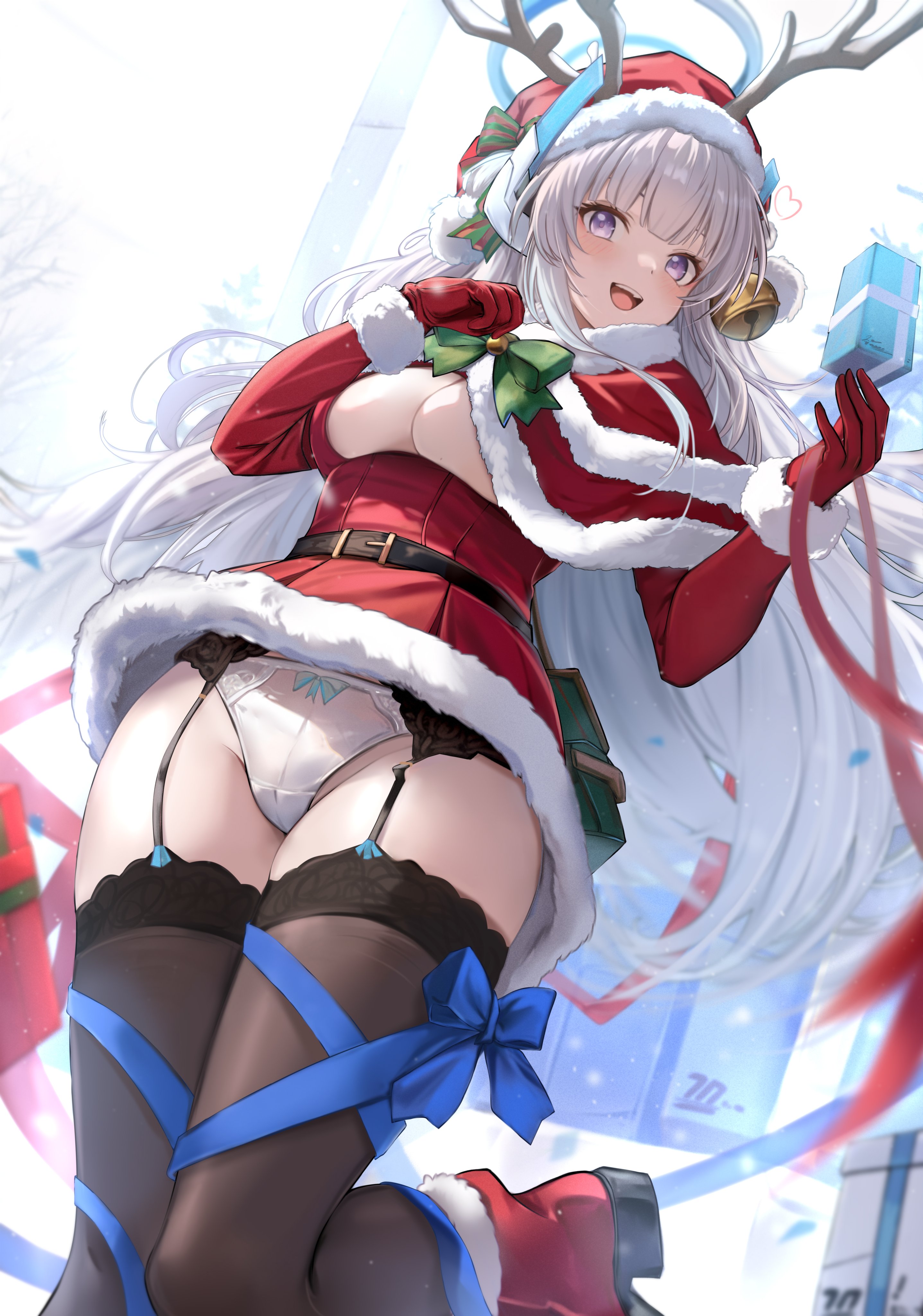 noa (blue archive), blue archive, absurdres, artist request, character request, highres, 1girl, alternate costume, antlers, bell, belt, blush, box, breasts, cameltoe, cape, christmas, cleavage cutout, clothing cutout, detached sleeves, garter straps, gift, gift box, halo, hat, horns, large breasts, long hair, one leg raised, open mouth, panties, purple eyes, ribbon, ribbon trim, santa hat, smile, snow, snowing, thighhighs, tied up (nonsexual), underboob, underwear, white hair, winter clothes