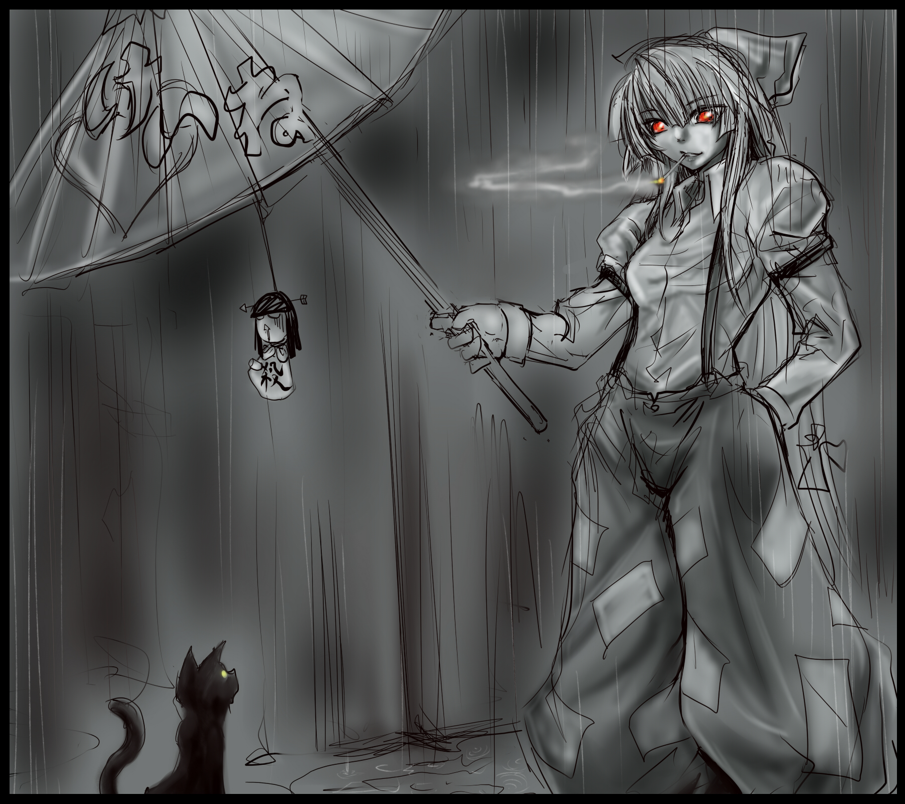 ledjoker07, fujiwara no mokou, houraisan kaguya, touhou, highres, 1girl, bow, cat, cigarette, female focus, hair bow, long hair, ofuda, oil-paper umbrella, pants, rain, red eyes, smoking, solo, suspenders, umbrella