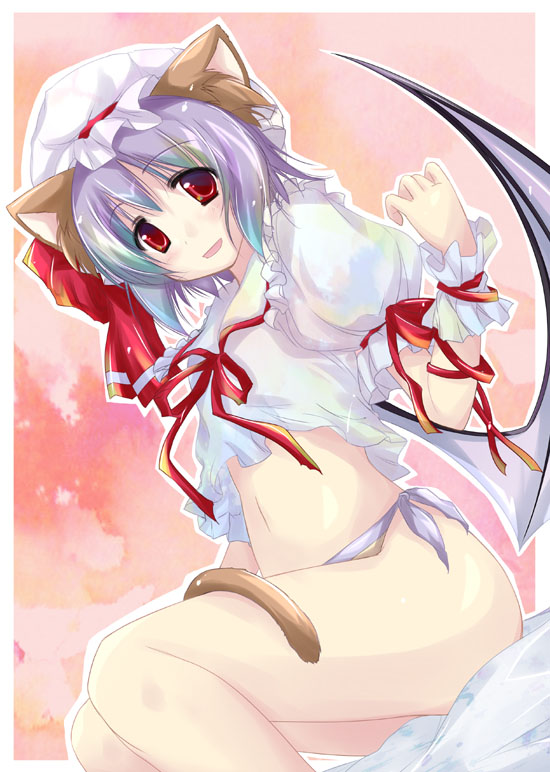 yumesato makura, remilia scarlet, touhou, light purple hair, bad id, bad pixiv id, 1girl, animal ears, bat wings, bottomless, cat ears, cat girl, cat tail, female focus, hat, kemonomimi mode, red eyes, short hair, sitting, solo, tail, thighs, wings, wrist cuffs