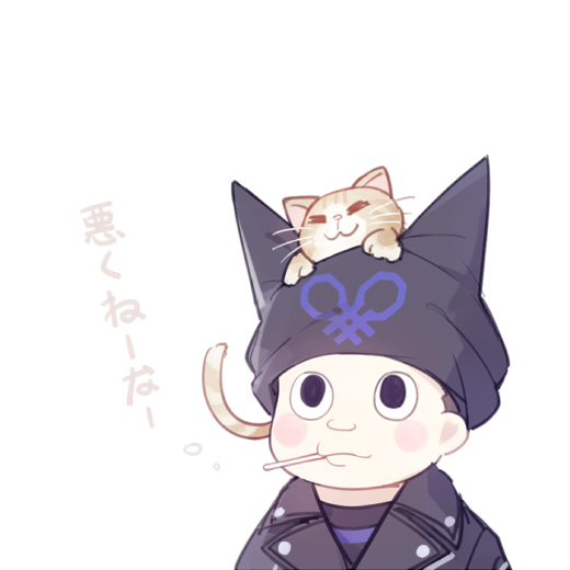 hiragi rin, hoshi ryoma, danganronpa (series), danganronpa v3: killing harmony, commentary request, translation request, 1boy, :3, animal, animal on head, baby animal, beanie, black eyes, black hat, black jacket, black shirt, blush stickers, brown hair, buttons, cat, cat on head, cigarette, closed mouth, collared jacket, expressionless, fake horns, hat, horned headwear, horns, jacket, kitten, lapels, leather, leather jacket, looking at animal, male focus, mouth hold, notched lapels, on head, print headwear, shirt, short hair, simple background, solo, striped clothes, striped shirt, tabby cat, upper body, upturned eyes, very short hair, white background