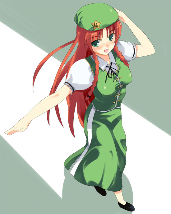 shigen, hong meiling, embodiment of scarlet devil, touhou, 1girl, braid, china dress, chinese clothes, dress, female focus, from above, green eyes, hand on headwear, hat, long hair, outstretched arm, red hair, smile, solo, twin braids, walking