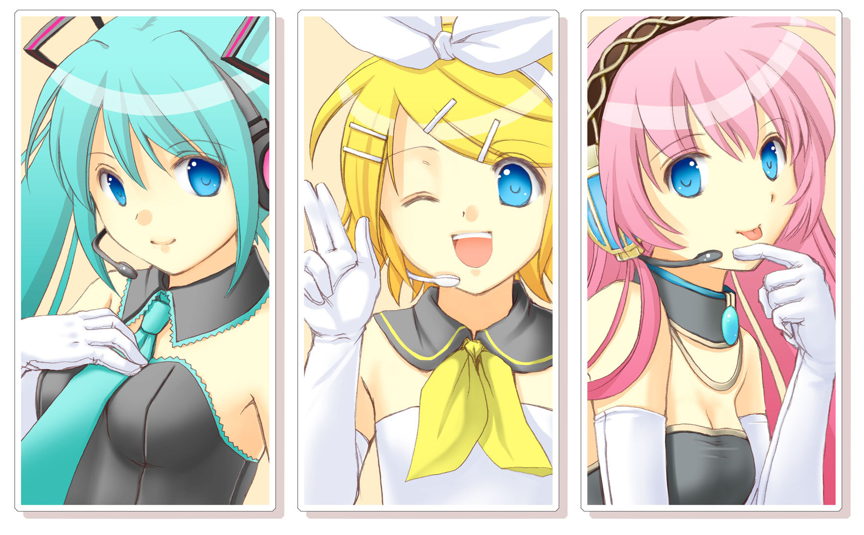 nacht (nacht 01), hatsune miku, kagamine rin, megurine luka, vocaloid, aqua neckwear, yellow neckwear, highres, 00s, 3girls, :p, ;d, adapted costume, alternate costume, aqua hair, arm at side, bare shoulders, black collar, black detached collar, black tube top, blue eyes, blue gemstone, breasts, brooch, c:, cleavage, closed mouth, collar, column lineup, detached collar, elbow gloves, female focus, flat chest, gem, gloves, hair ornament, hair ribbon, hairclip, hand on own chest, happy, headphones, headset, index finger raised, jewelry, long hair, looking at viewer, medium breasts, multiple girls, neck, neckerchief, necktie, one eye closed, open mouth, pink hair, ribbon, short hair, smile, strapless, tongue, tongue out, tube top, twintails, upper body, waving, white gloves, white ribbon, white tube top, wink