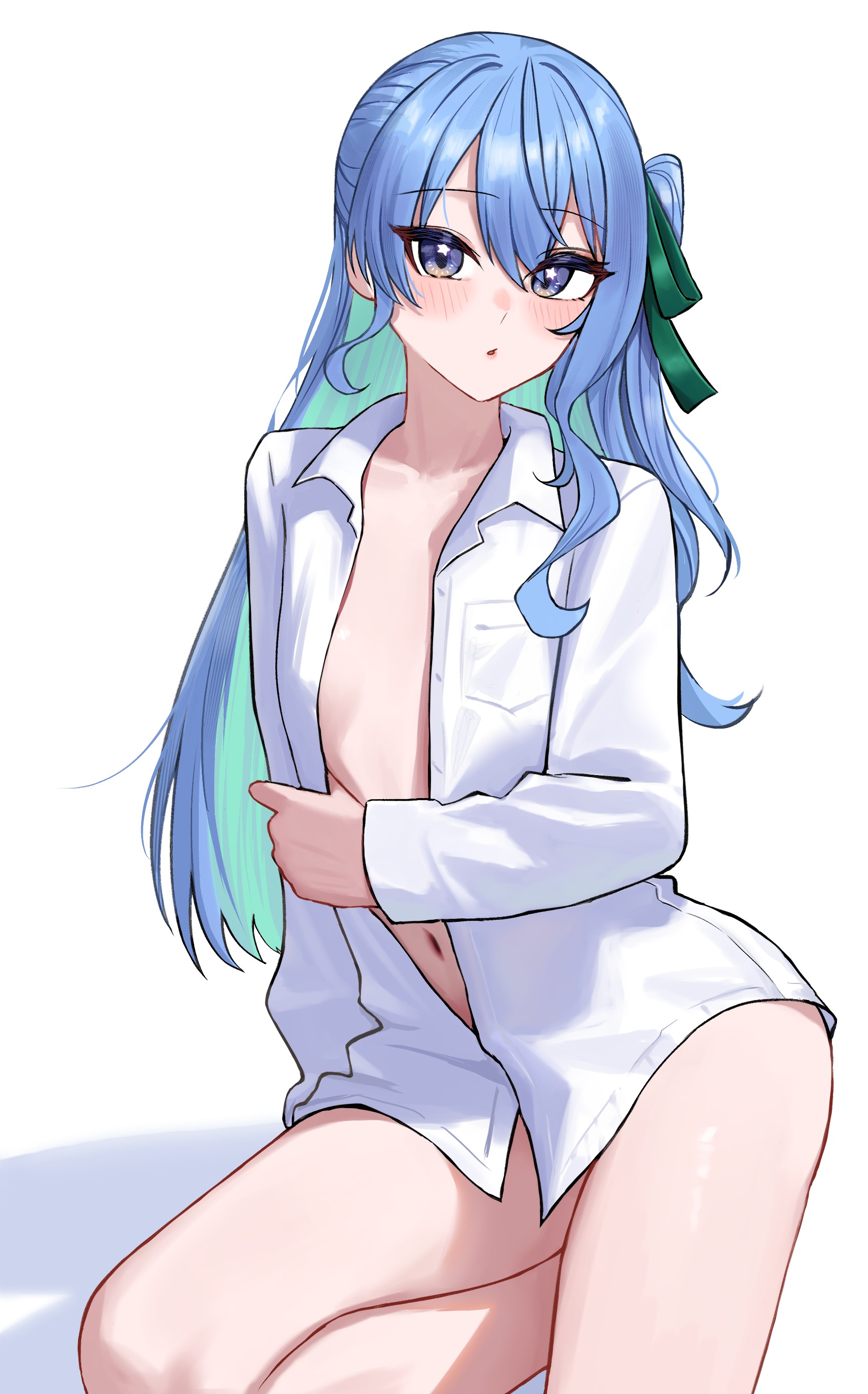 chrispy tuna, hoshimachi suisei, hololive, absurdres, commentary, english commentary, highres, 1girl, asymmetrical sidelocks, blue eyes, blue hair, collared shirt, colored inner hair, double-parted bangs, dress shirt, flat chest, hair between eyes, hair ribbon, looking at viewer, multicolored hair, naked shirt, navel, one side up, partially unbuttoned, ribbon, shirt, sidelocks, simple background, solo, star (symbol), star in eye, symbol in eye, virtual youtuber, white background, white shirt