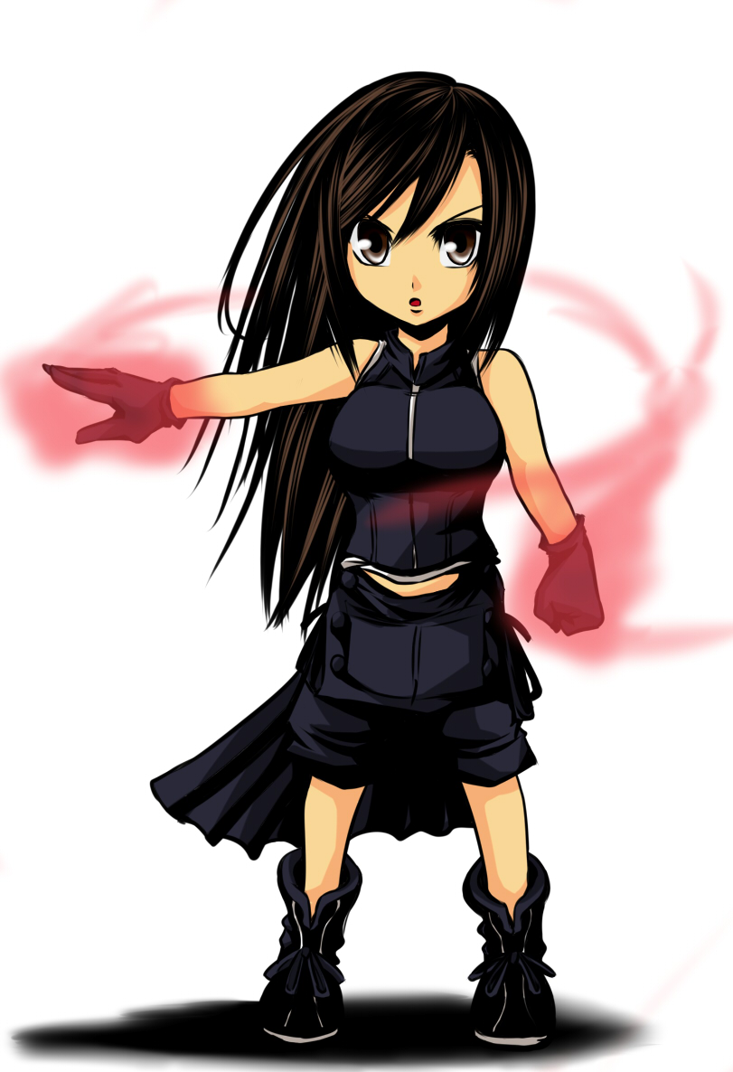 katsuto, tifa lockhart, final fantasy, final fantasy vii, final fantasy vii: advent children, 00s, 1990s (style), 1girl, bare shoulders, boots, brown eyes, brown hair, female focus, full body, gloves, long hair, solo, vest, white background