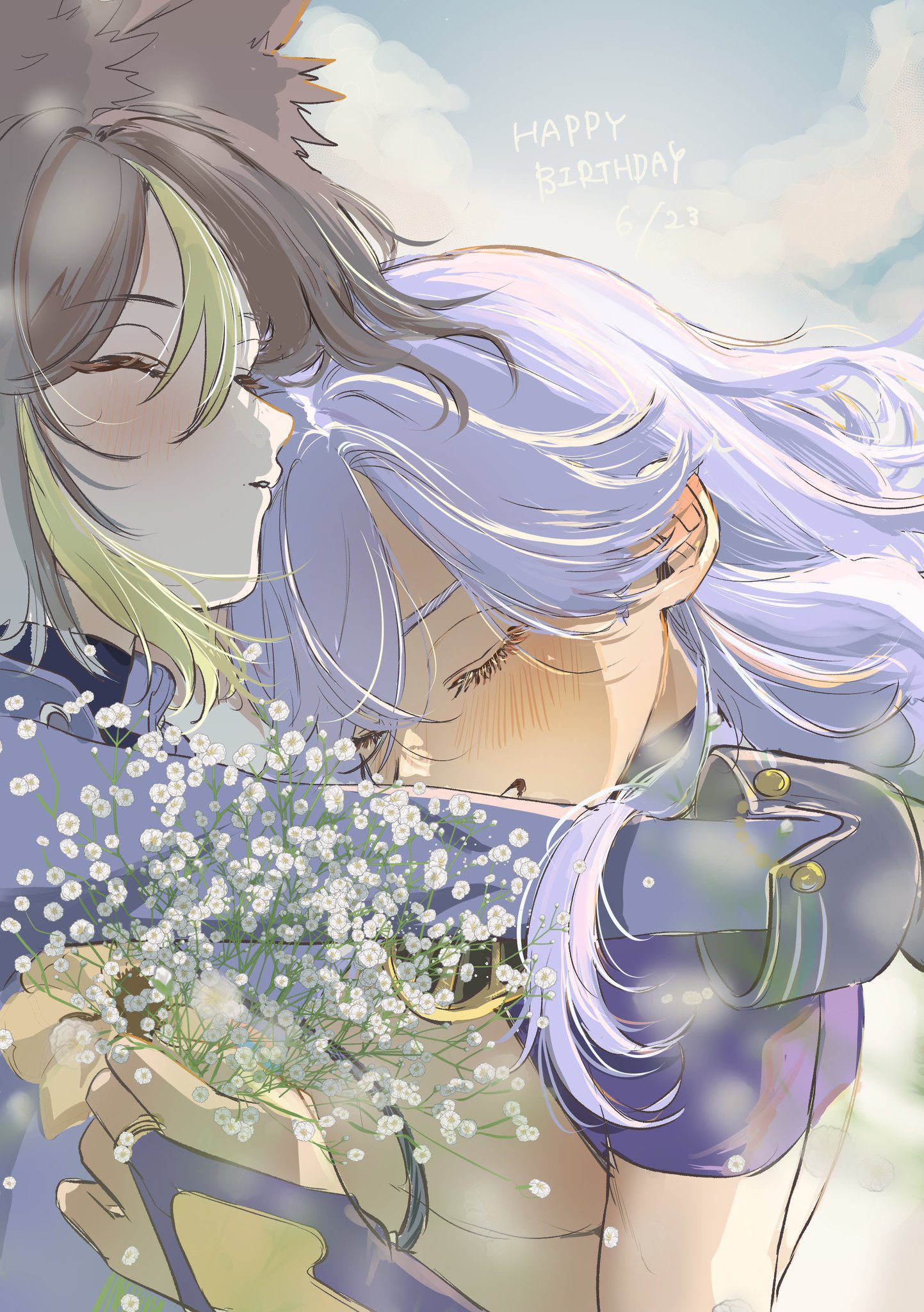 otanpopo1208, cyno (genshin impact), tighnari (genshin impact), genshin impact, commentary request, highres, 2boys, animal ear fluff, animal ears, baby's-breath, black bridal gauntlets, black hair, blush, bridal gauntlets, closed eyes, closed mouth, eyelashes, flower, fox boy, fox ears, gloves, green hair, hair behind ear, happy birthday, long sleeves, male focus, multicolored hair, multiple boys, parted bangs, parted hair, short sleeves, sleeve cuffs, smile, streaked hair, upper body, white flower, white hair, yaoi