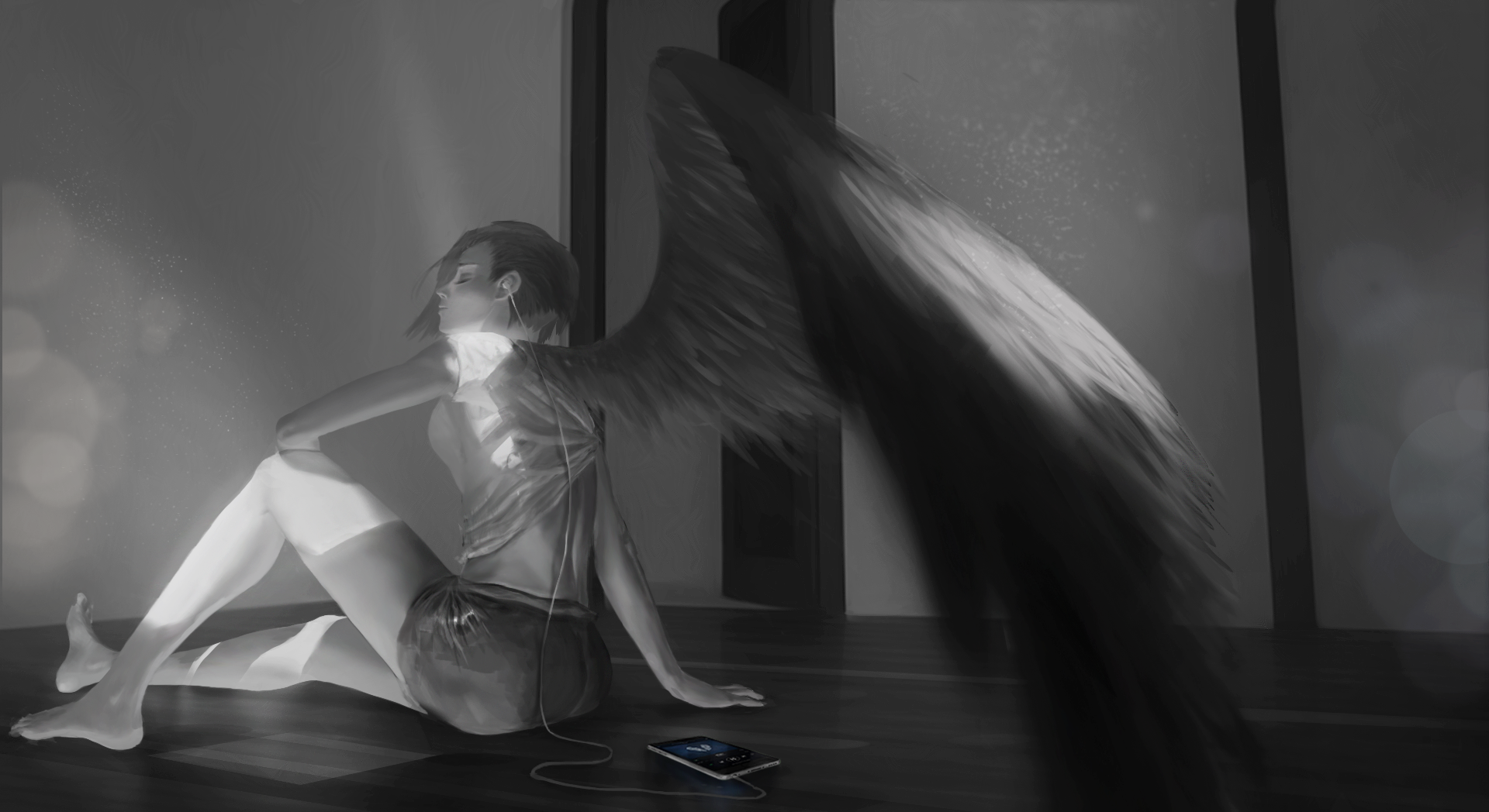paul nong, original, commentary, english commentary, highres, 1girl, arm on knee, barefoot, breasts, cellphone, closed eyes, closed mouth, earphones, earrings, feathered wings, from behind, full body, indoors, jewelry, knee up, light particles, monochrome, nose, phone, profile, shirt, short hair, shorts, sitting, small breasts, smartphone, solo, t-shirt, wings, wooden floor