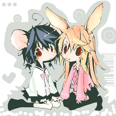 saya (sayaya), lowres, 2girls, animal ears, black hair, blonde hair, chibi, long hair, multiple girls, oekaki, rabbit ears, red eyes, school uniform, short twintails, thighhighs, twintails