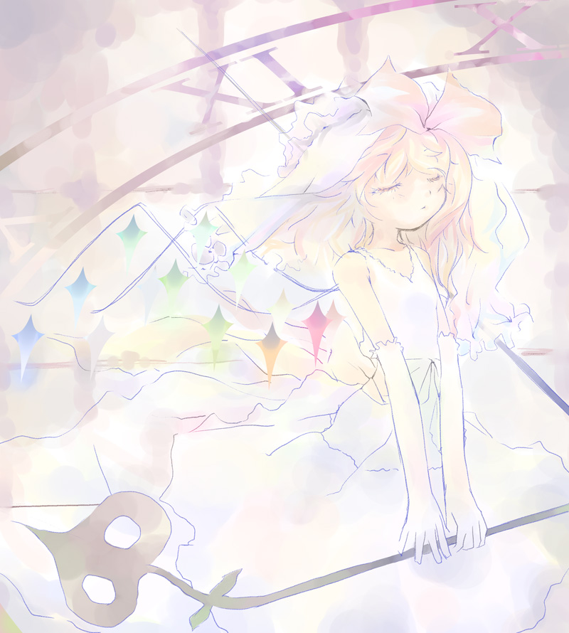 saya (sayaya), flandre scarlet, touhou, bad id, bad pixiv id, 1girl, blonde hair, bridal veil, bride, closed eyes, dress, elbow gloves, female focus, gloves, gradient background, laevatein, pale color, solo, veil, wedding dress, wings