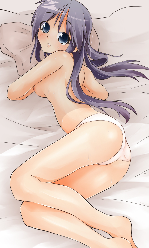 shing (sorairo factory), hiiragi miki, lucky star, 00s, 1girl, barefoot, blue eyes, breasts, female focus, long hair, lying, mature female, medium breasts, on side, panties, purple hair, solo, topless female, underwear