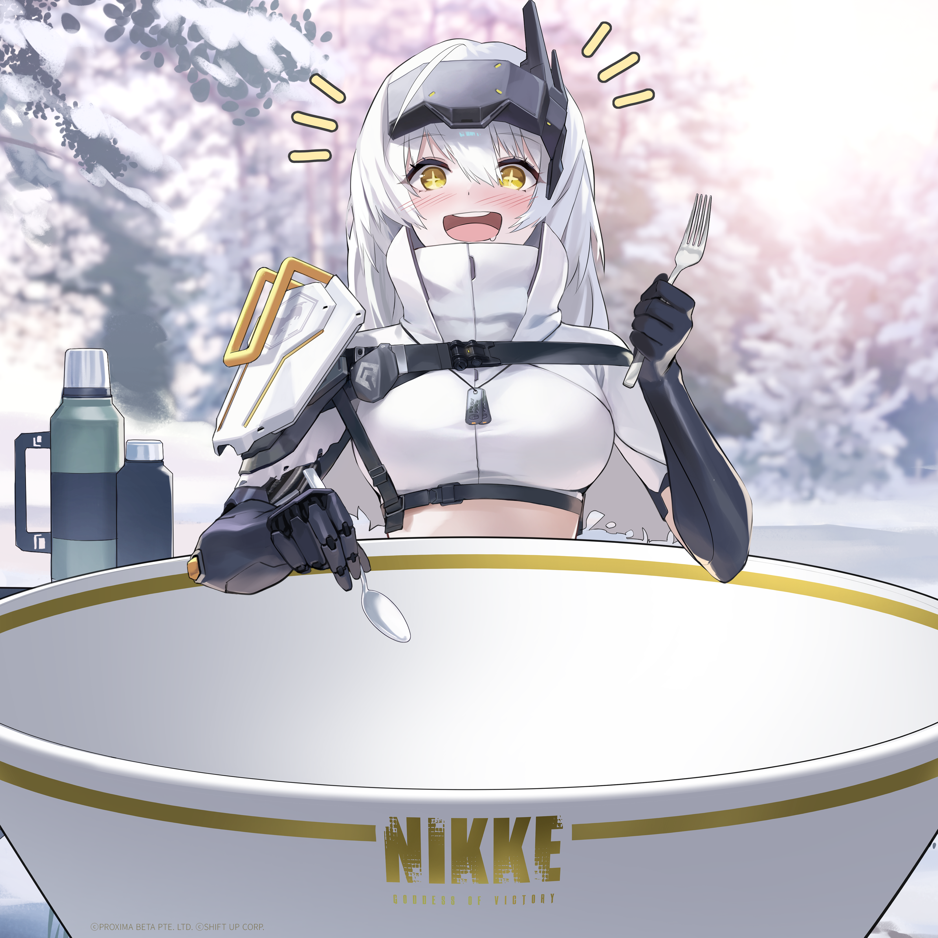 snow white (heavy arms) (nikke), snow white (nikke), goddess of victory: nikke, absurdres, commentary, english commentary, highres, official art, second-party source, 1girl, blush, breasts, cape, cup, dog tags, drooling, flask, forest, fork, goggles, goggles on head, hair between eyes, holding, holding fork, holding spoon, jewelry, large breasts, long hair, mechanical arms, nature, necklace, open mouth, oversized object, smile, snow, solo, spoon, teacup, teeth, template, tongue, tree, upper teeth only, white cape, white hair, winter, yellow eyes